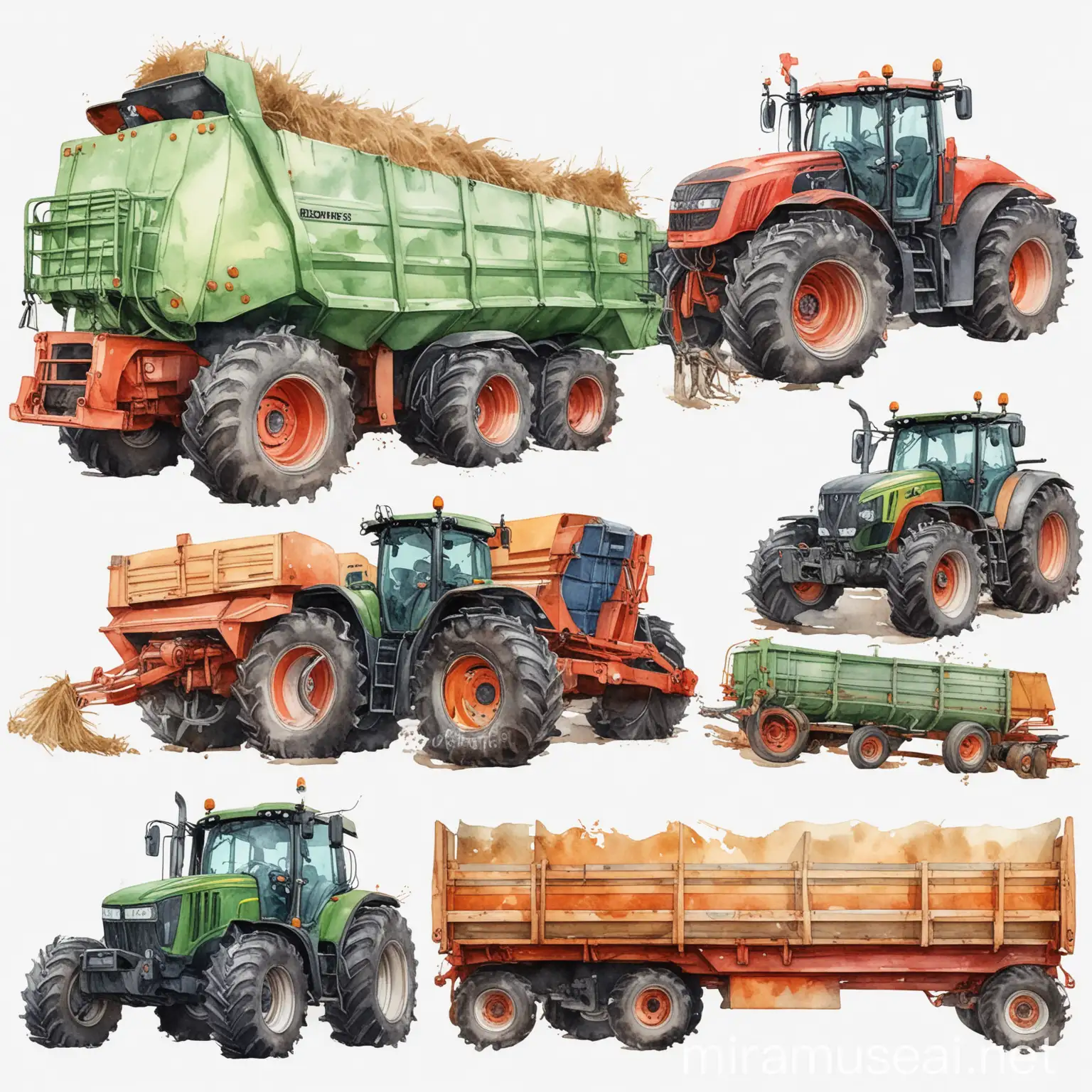 Farm Vehicles Clipart Tractor Trailer and Combine in Watercolour Style on White Background