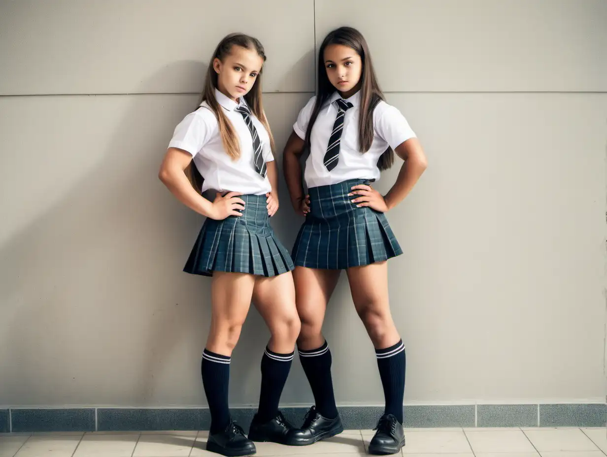 Two-Schoolgirls-in-Mini-Skirts-with-Muscular-Thighs-Leaning-Against-the-Wall