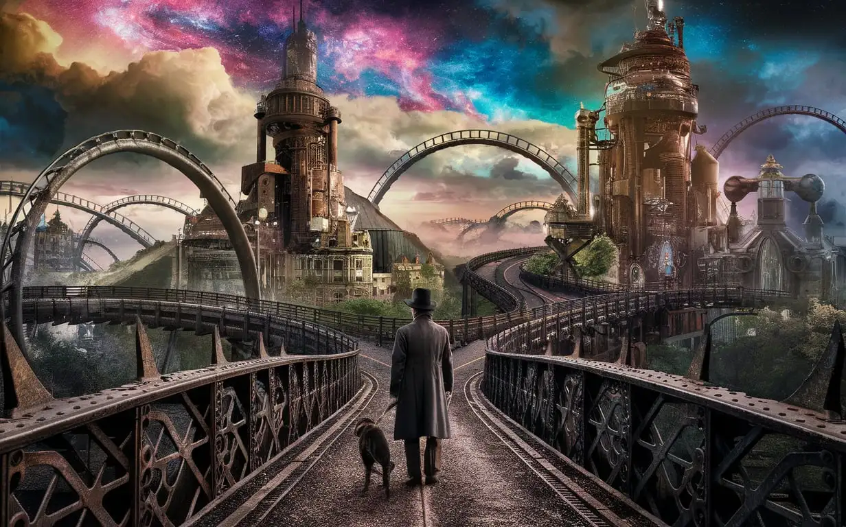 photography of a fantastical futuristic elaborated steampunk city with tall buildings, vibrant galaxy skies, stormy colorful clouds, starry night, many layers connected with bridges, man in long coat and a hat standing on an old bronze metal bridge with his dog, curvy old road ahead of them, cityscape horizon