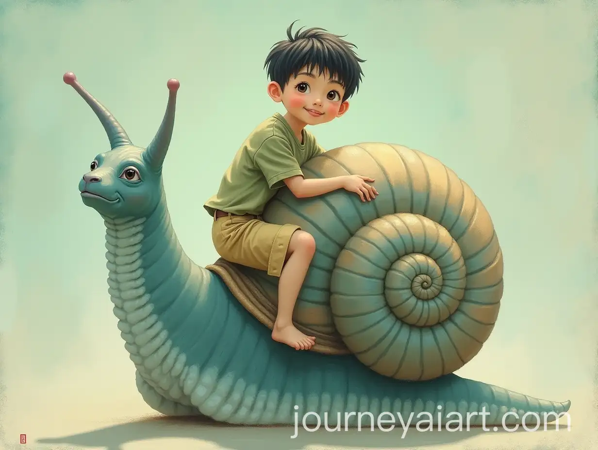 Young-Woman-Riding-a-Giant-Snail-with-Shimmering-Shell-in-Fantasy-Setting