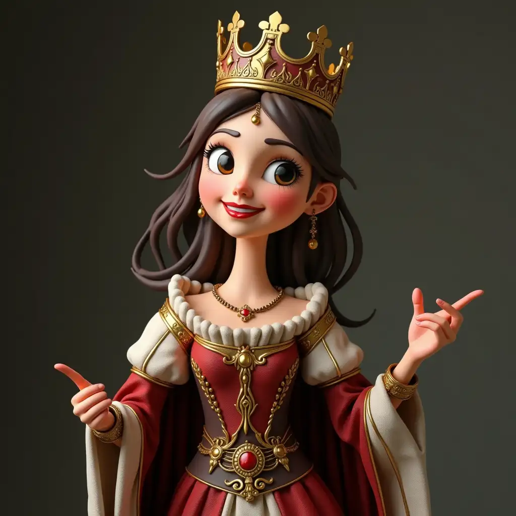 a 3D medieval chess queen with a smile on her lips points to the left with her hand