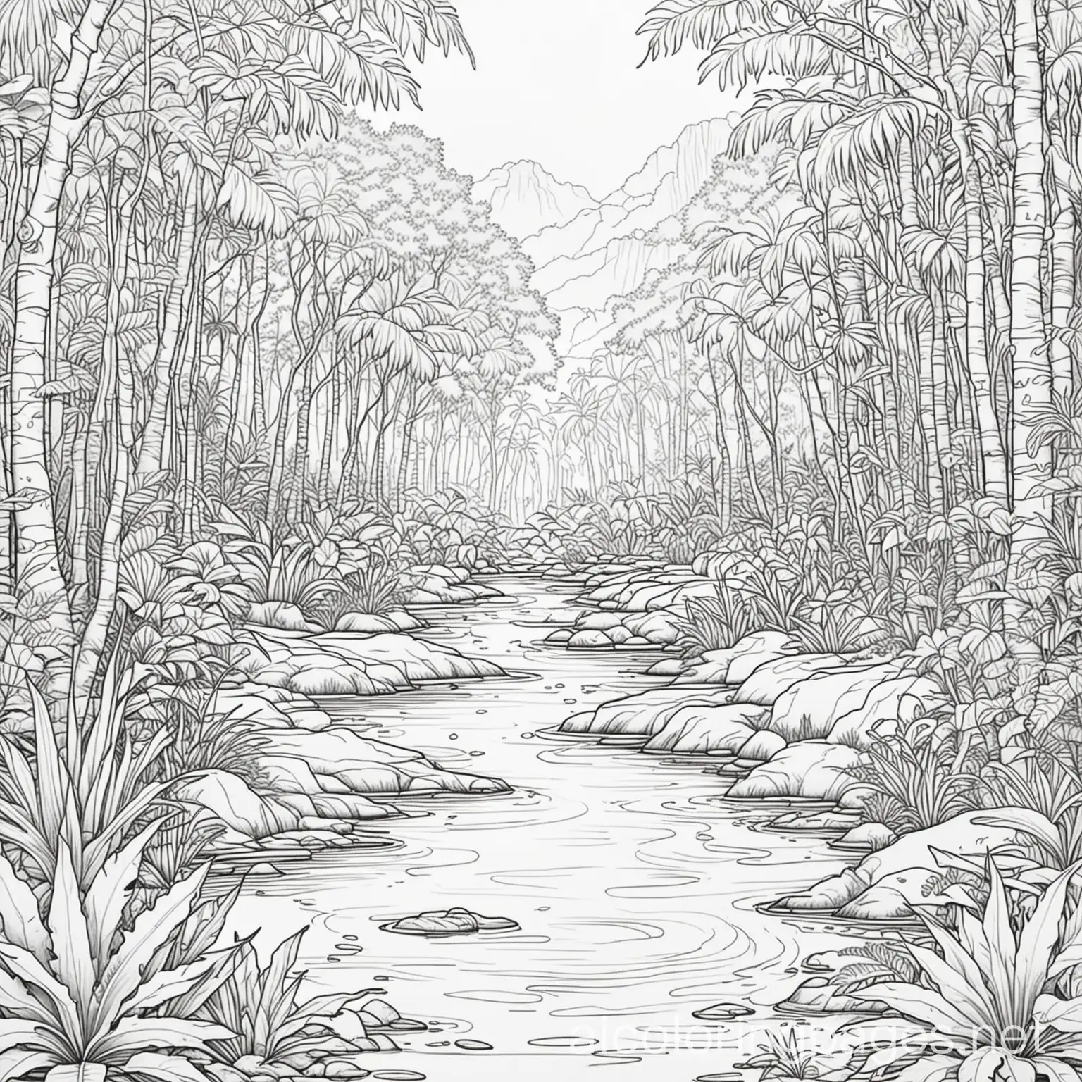 jungle water , Coloring Page, black and white, line art, white background, Simplicity, Ample White Space. The background of the coloring page is plain white to make it easy for young children to color within the lines. The outlines of all the subjects are easy to distinguish, making it simple for kids to color without too much difficulty