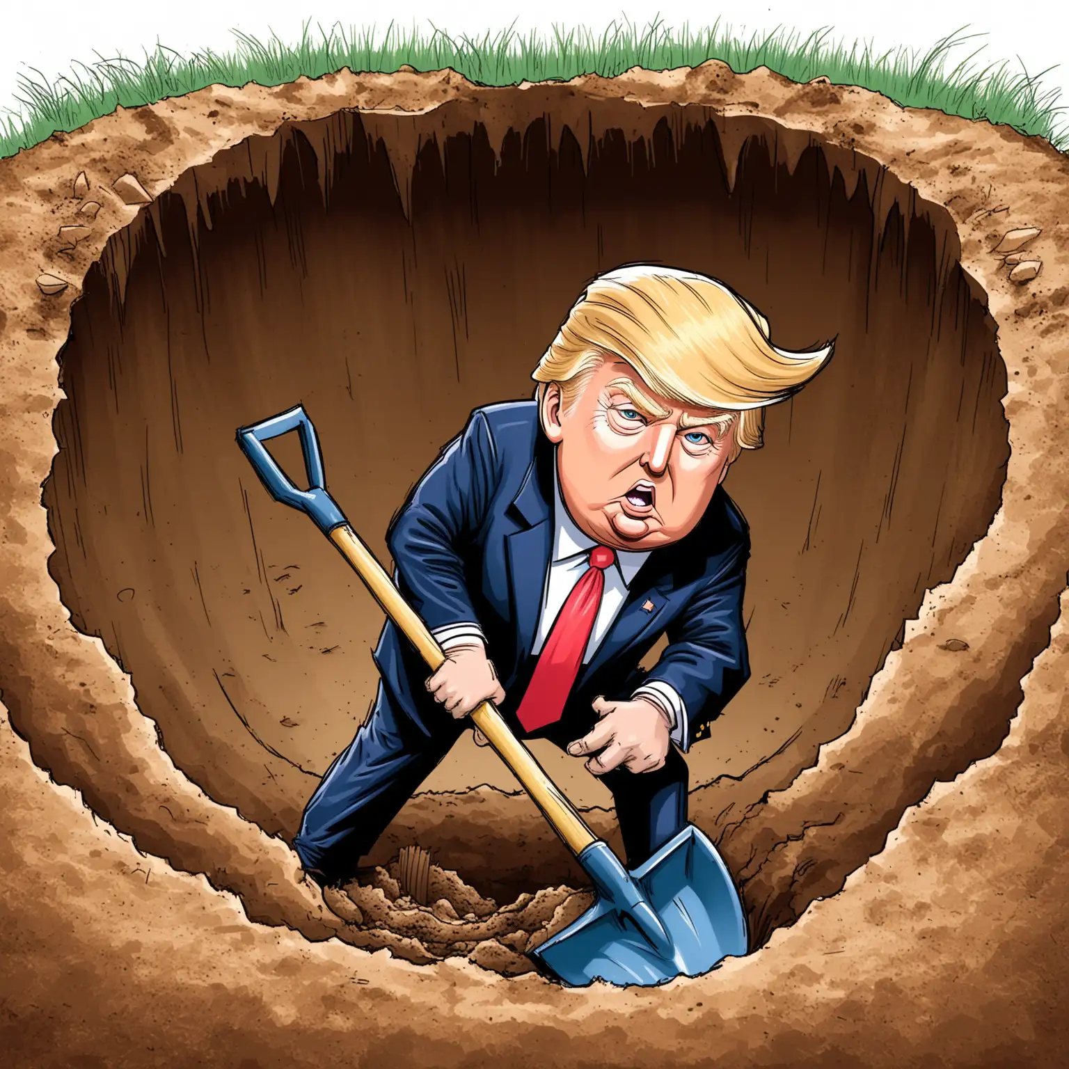 Cartoon of Donald Trump Digging a Hole with a Big Shovel