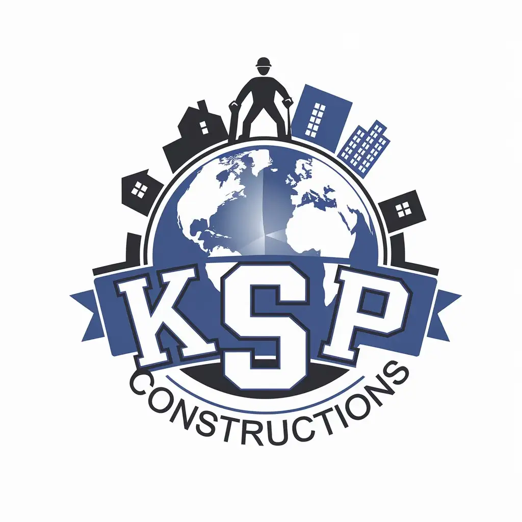 LOGO Design For K S P CONSTRUCTIONS Blue World with K S P House Building Construction Worker Theme