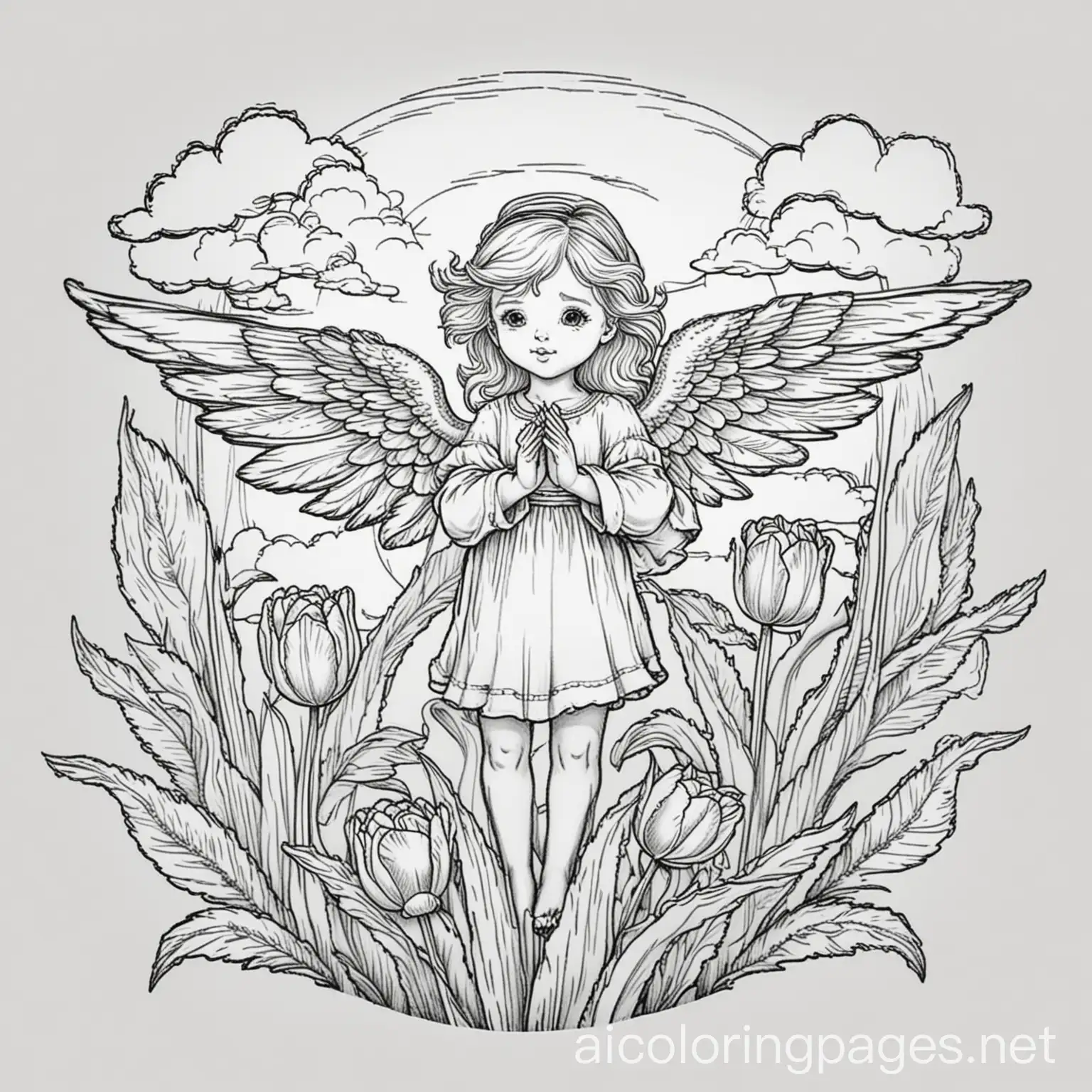 Angels-Coloring-Page-with-Red-Tulip-and-Yellow-Highlights