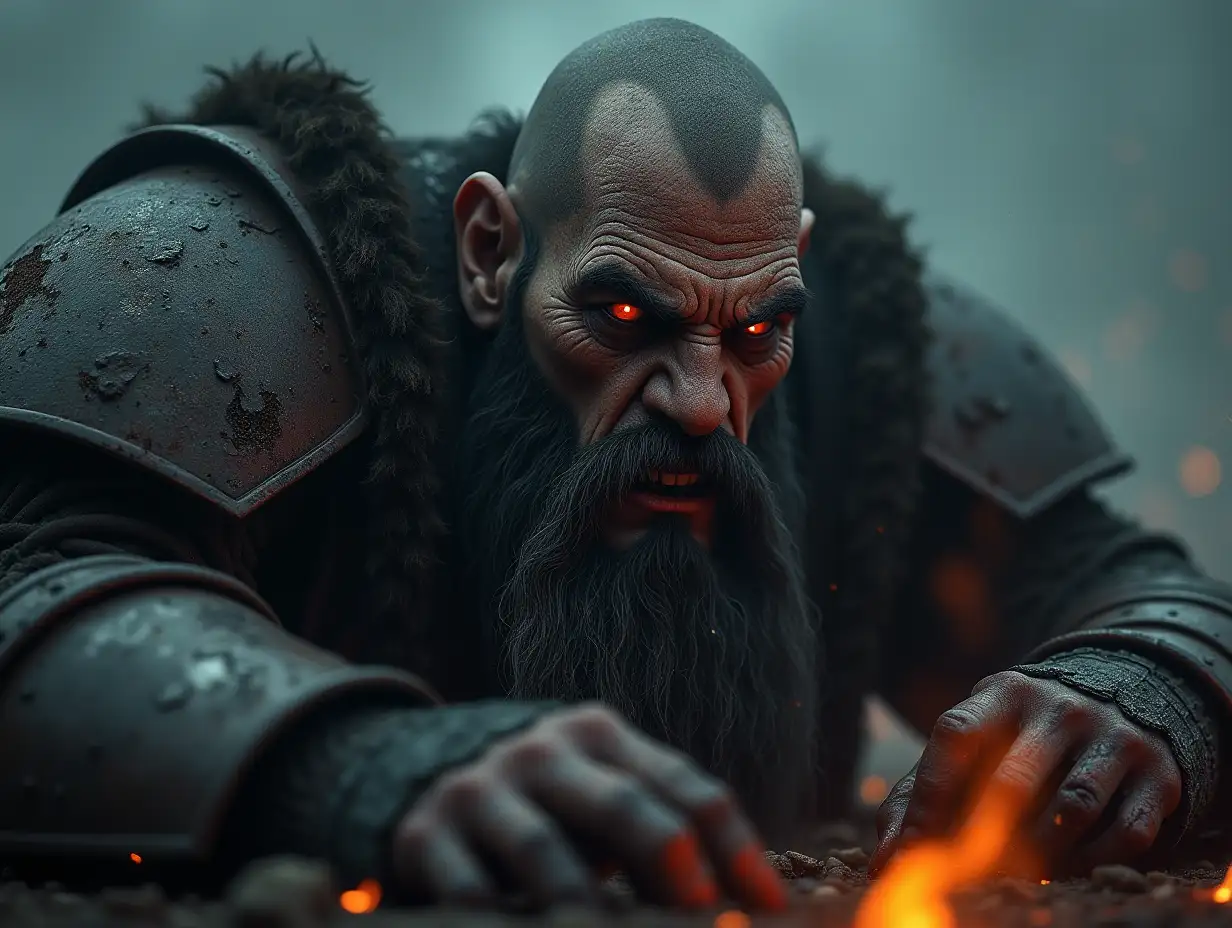 A close-up of a colossal, sinister warrior's face, lying on his hand after a battle. His face is half inhuman, with distorted, monstrous features, and a long, wild beard. His eyes are large, glowing with malevolence, and his expression is cruel and threatening. His armor is bloodstained and battered. The warrior’s enormous size gives him a terrifying, giant-like presence. The background is a dark, smoky battlefield, with faint embers glowing, creating a chilling and eerie atmosphere.