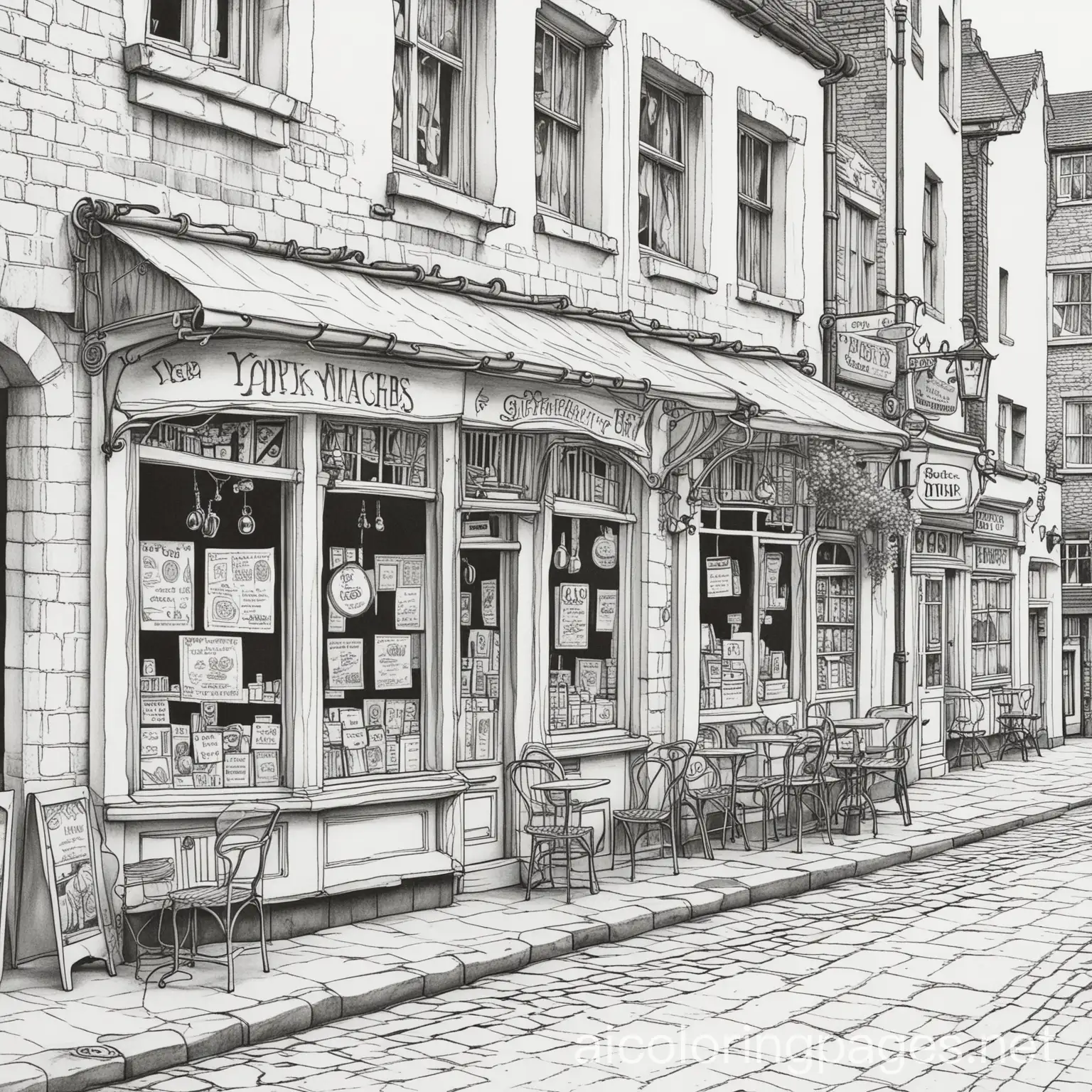 York-Shambles-Coloring-Page-with-Cafe-Scene-Line-Art-for-Kids