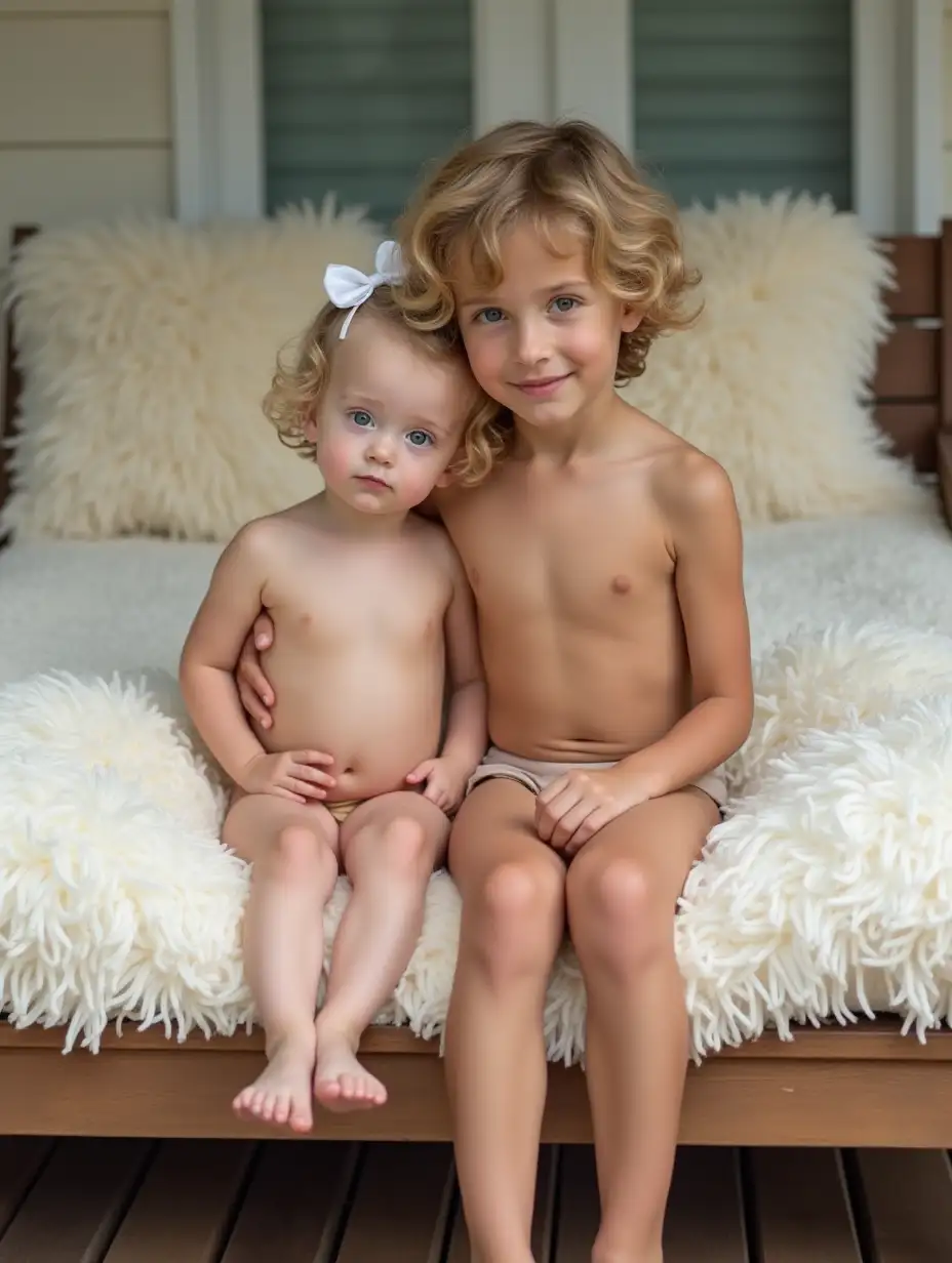 Boy-and-Girl-Sitting-on-Wooden-Deck-Cuddling-with-Fluffy-Pillows