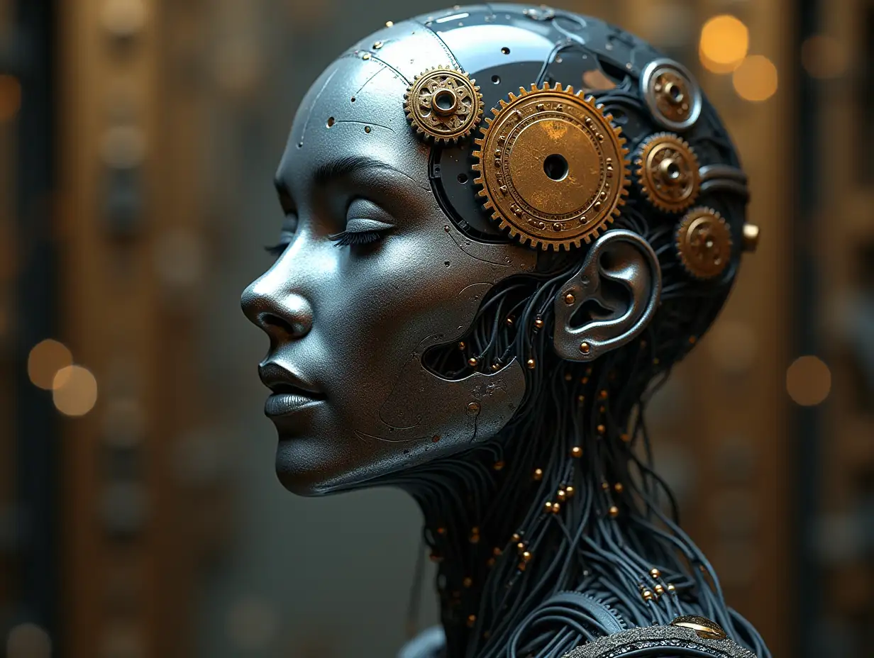 Create a high-resolution, realistic image of an artificial intelligence with gears on the cheeks and a glass head with visible platinum brain with many gears, optical fiber cable strands at the neck, LED light face 3D 4k resolution with a background of gold and silver ornaments background