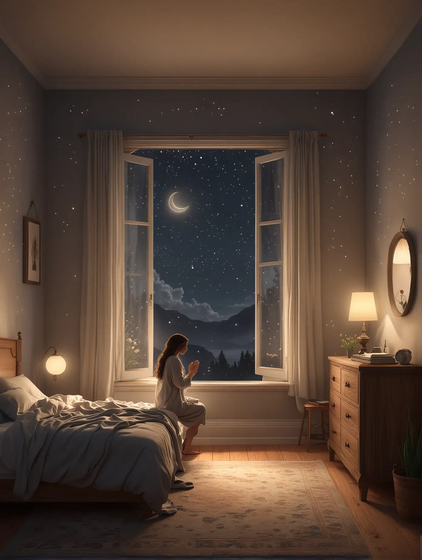 A peaceful nighttime illustration of a person kneeling in prayer beside their bed in a cozy room. The room is softly lit by a bedside lamp, and through the open window, a calm night sky with stars and a crescent moon is visible. The atmosphere conveys serenity, surrender, and trust, as if the person is releasing their worries to a higher power. The overall setting is warm and tranquil, evoking feelings of comfort and hope for the morning.