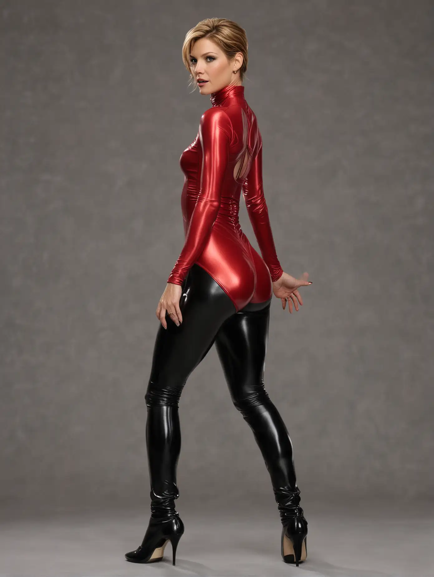 Tricia-Helfer-in-Dark-Red-Shiny-Gymnastics-Leotard-and-Black-Leggings