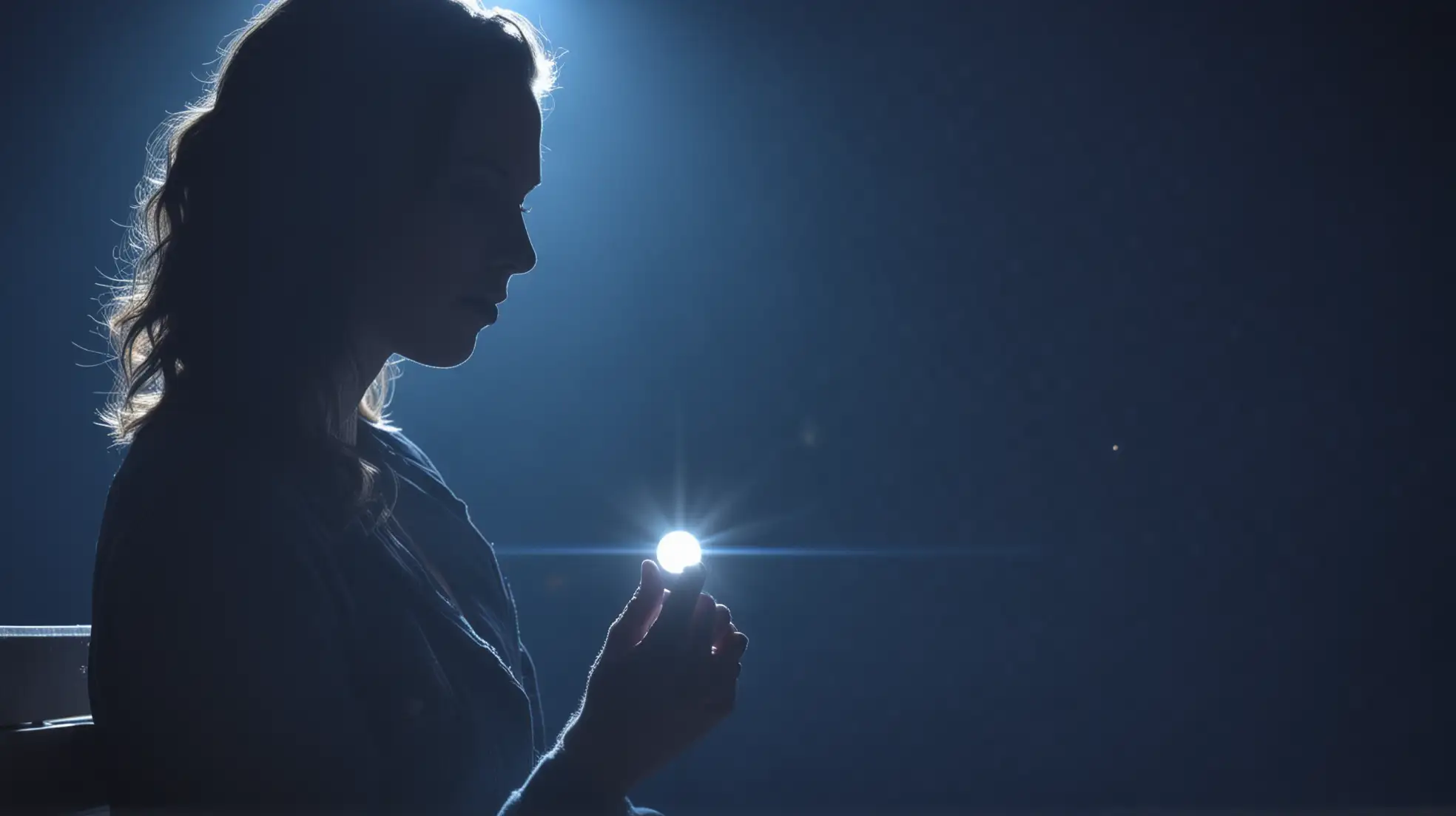 A silhouette of woman is sitting in a bench in dark, front facing. She is showing her shining bright ring that she has been wearing to the onlookers. Filmed in blue light.