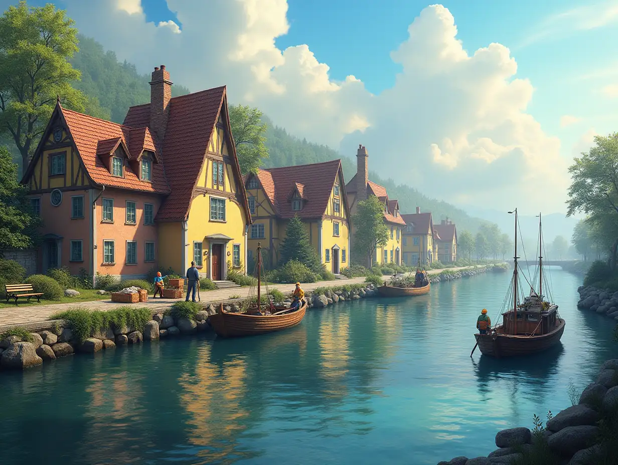 Dreamlike houses next to a river, with fishermen, fishing nets, fish baskets, carriage with horse, along the promenade and a small boat 4K resolution