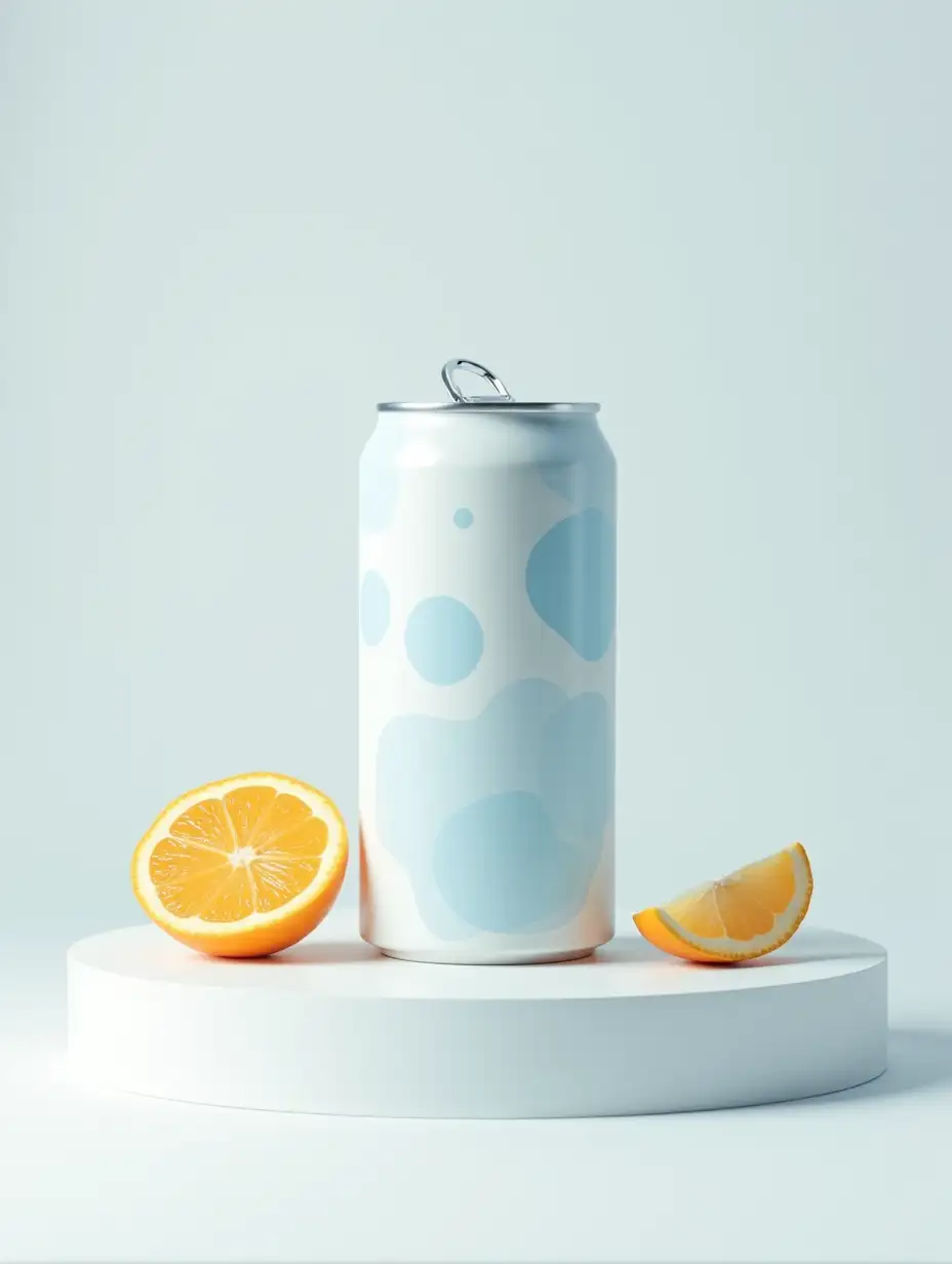 a white soda can with light blue colors and rounded elements stands on the corner of a large white platform. Drops of condensation are visible on the can. A cut orange lies beside the can. Frontal view. A close-up of the can. Add the vertical lable 'CodeTyme'. Camera from bottom to top.