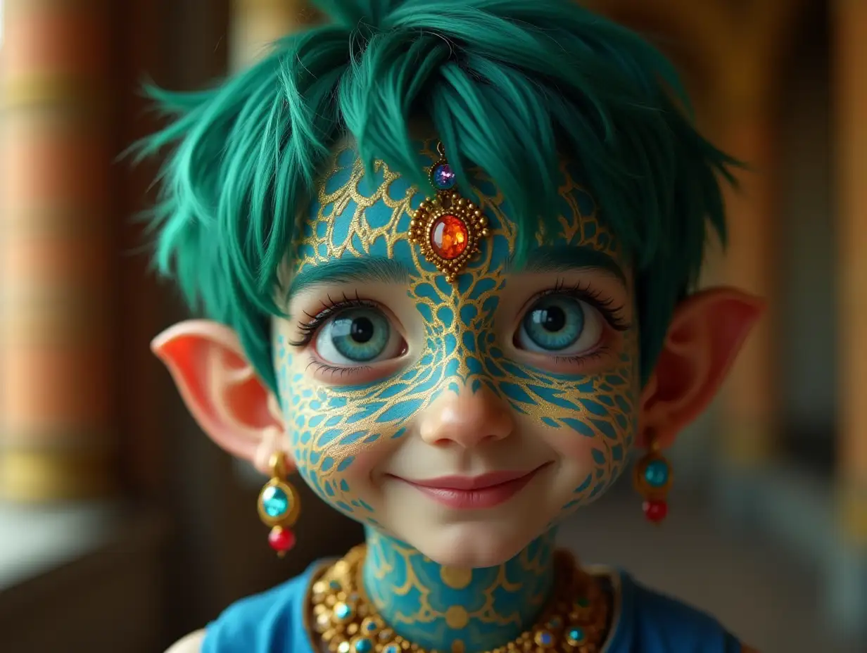 Young boy with blue gold patterned fish with alien face, with green hair, with a slight smile on his face, highlighting her smile, jewelry, in a temple with many diamonds of various shades 4k