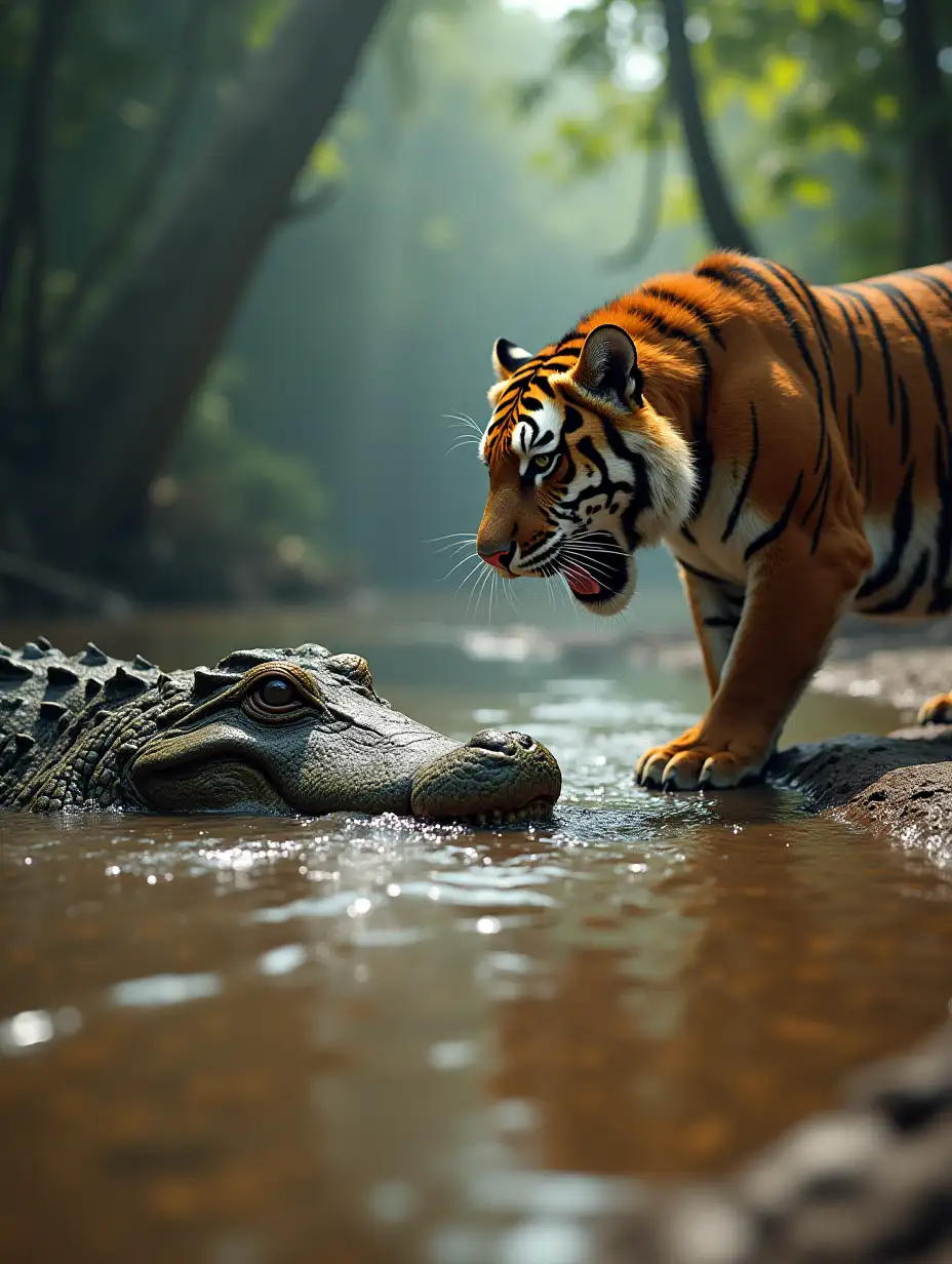 A fierce Bengal tiger stands on the edge of a muddy riverbank, growling at a massive crocodile submerged in the water, only its eyes and snout visible. The scene is tense, with ripples in the water and the dense jungle behind them. The atmosphere is humid, with rays of sunlight piercing through the canopy, creating dramatic shadows. Hyper-realistic detail.