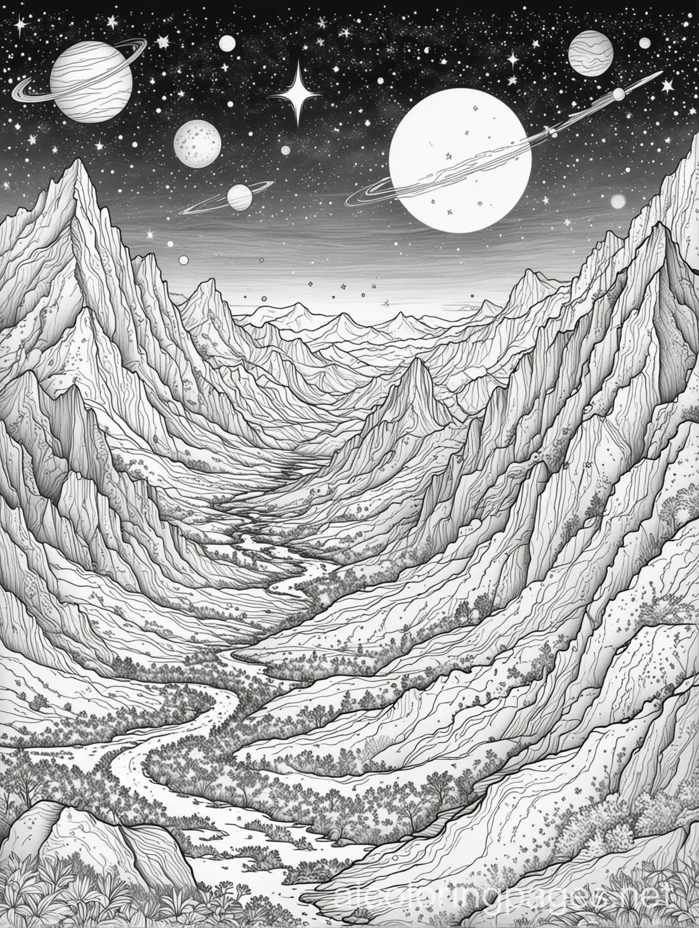 Stars, planets, galaxies in the sky above mountains, Coloring Page, black and white, line art, white background, Simplicity, Ample White Space. The background of the coloring page is plain white to make it easy for young children to color within the lines. The outlines of all the subjects are easy to distinguish, making it simple for kids to color without too much difficulty