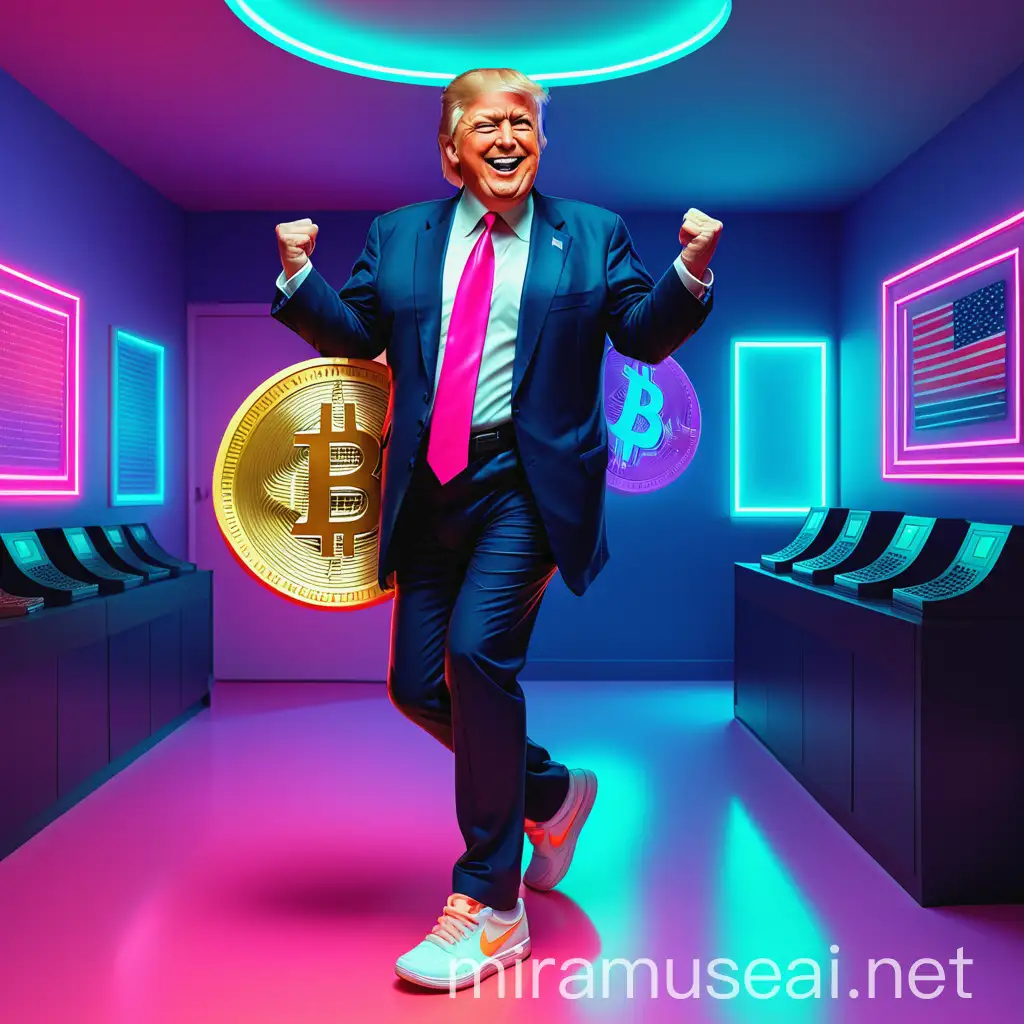 Joyful Donald Trump Dancing with Bitcoin in a Neon Room