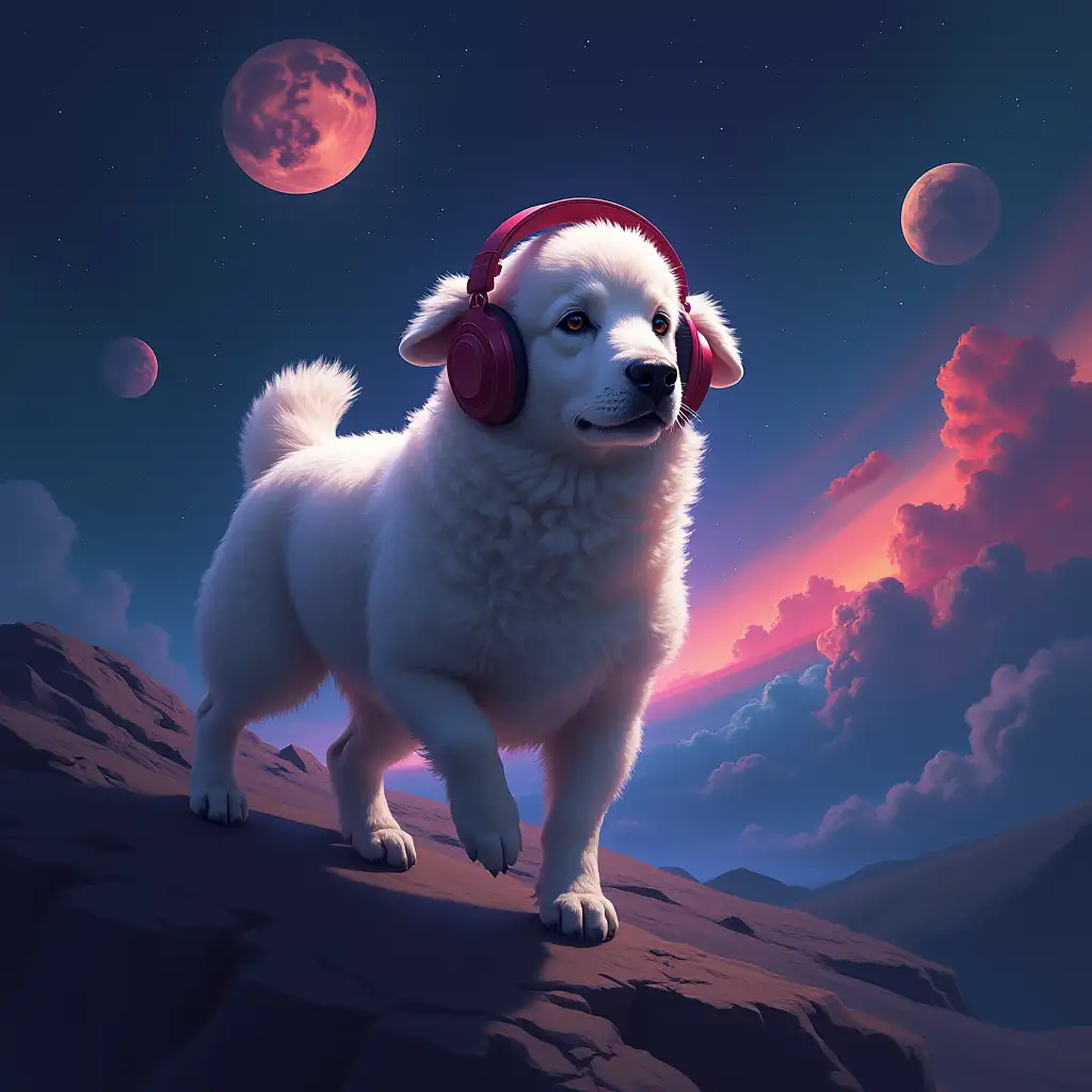 cosmos, ellluminator, sheepdog in weightlessness with headphones