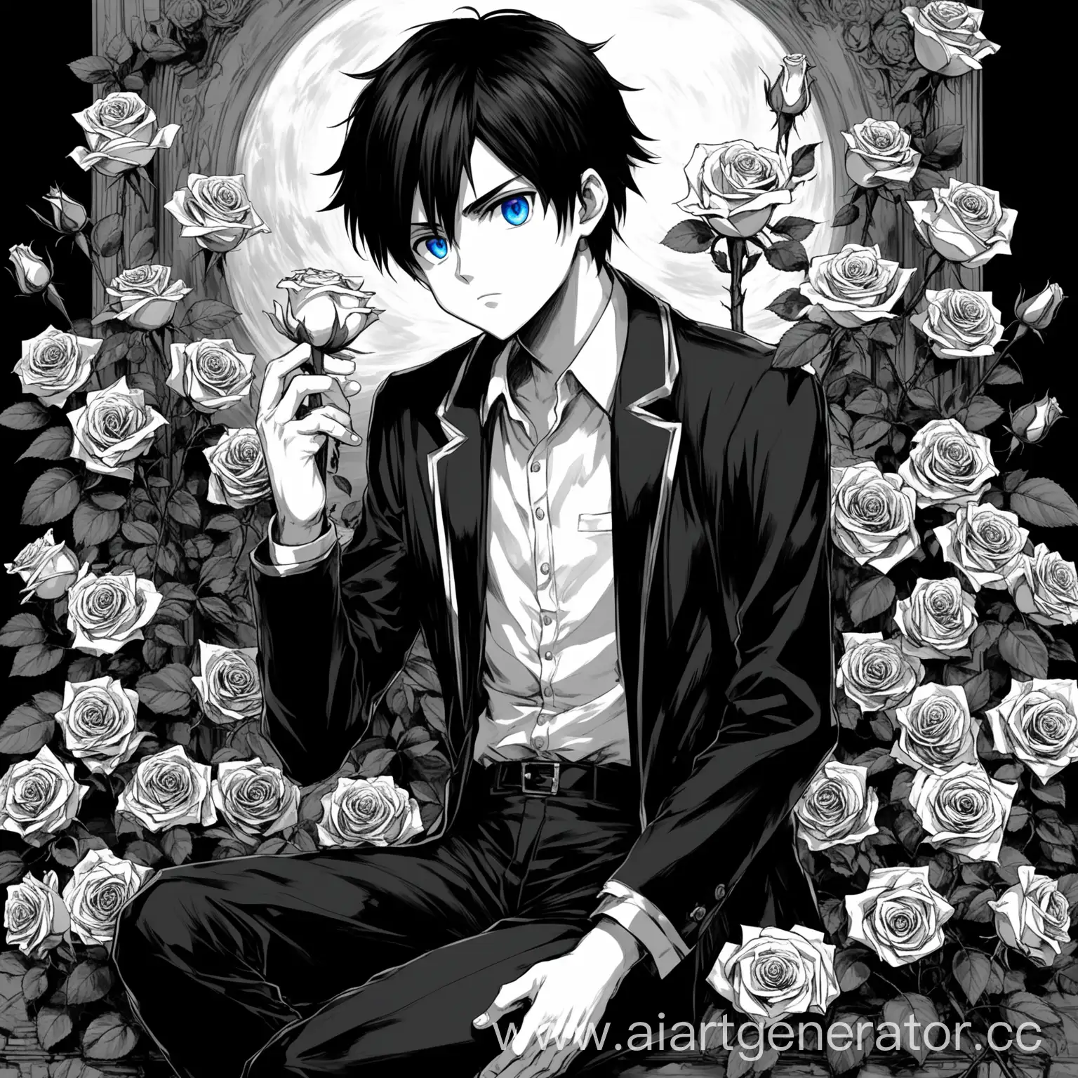 Anime-Boy-with-Short-Black-Hair-Holding-a-Rose