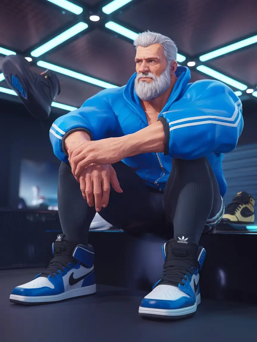 3d rendered, vibrant 90s comics-inspired videogame character concept, depicting an athletic muscular older White male with a full beard, an electrokinetic cyberpunk futuristic superpowered hero. He is wearing predominantly blue casual cyberpunk athletic clothing, including darker-colored leggings, and modern futuristic high-top sneakers, and casually sitting in his hi-tech private quarters, in front of his Jordan Nike Adidas sneaker collection, under electric-blue ceiling lights.