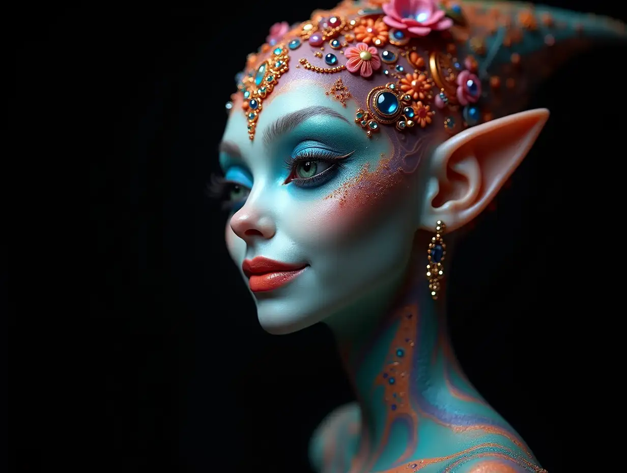 Depiction of a beautiful alien with makeup, shimmering around the eyes with a smile and intricately detailed, colorful and futuristic jewelry. black background  70-mm shot