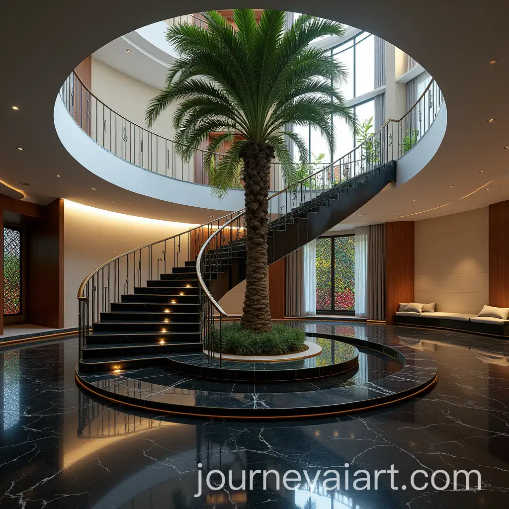Modern-Minimalist-Islamic-Villa-Interior-with-Circular-Staircase-and-Palm-Tree