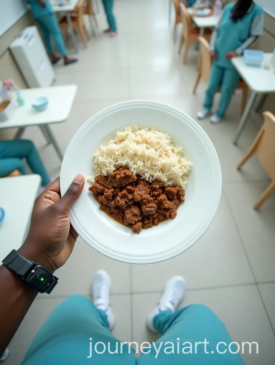 FirstPerson-View-of-Black-Person-Holding-Plate-of-Rice-and-Minced-Meat-in-Hospital-Cafeteria
