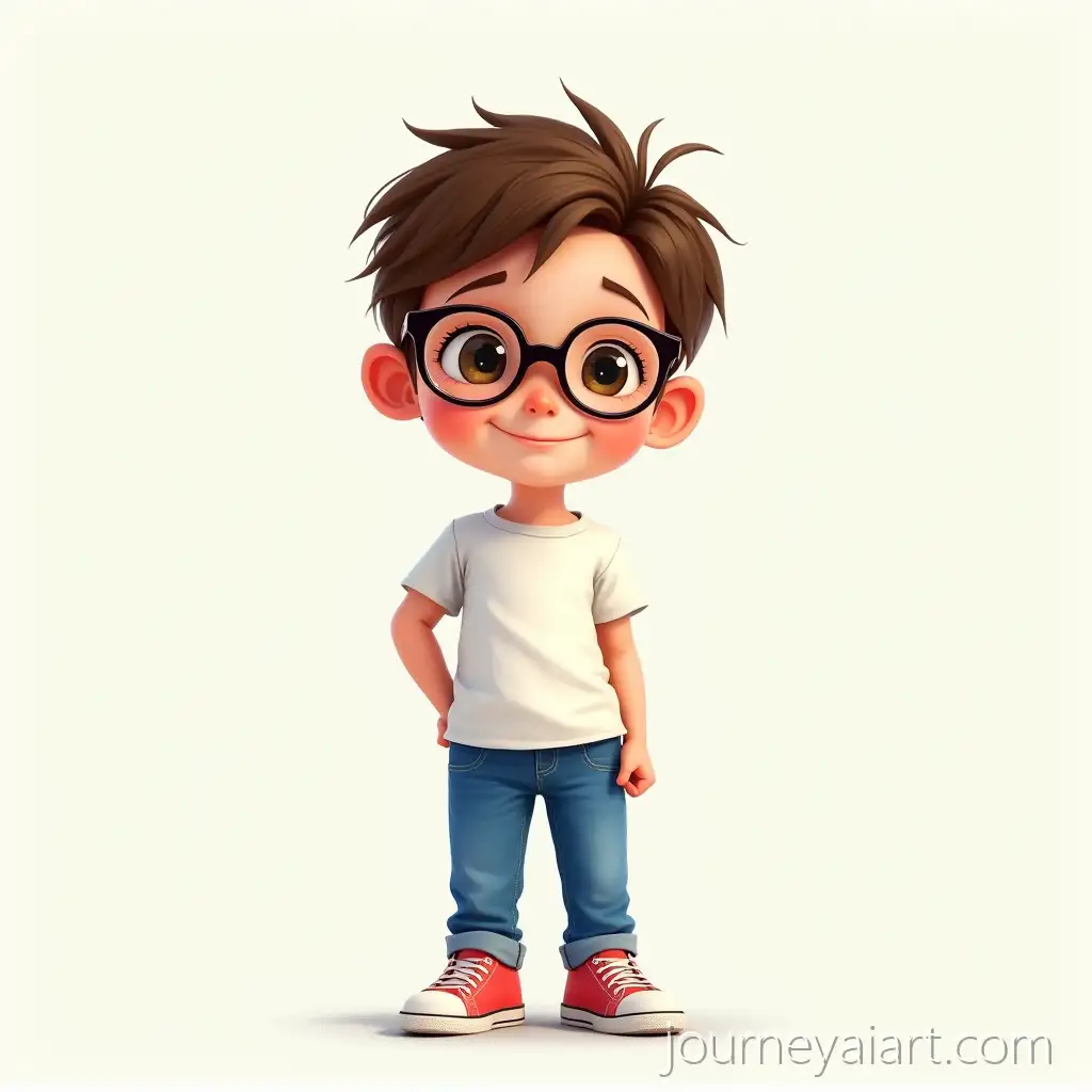 Animated-Little-Girl-in-Blue-Jeans-Shorts-and-Tennis-TShirt-with-Glasses-and-Short-Brown-Hair