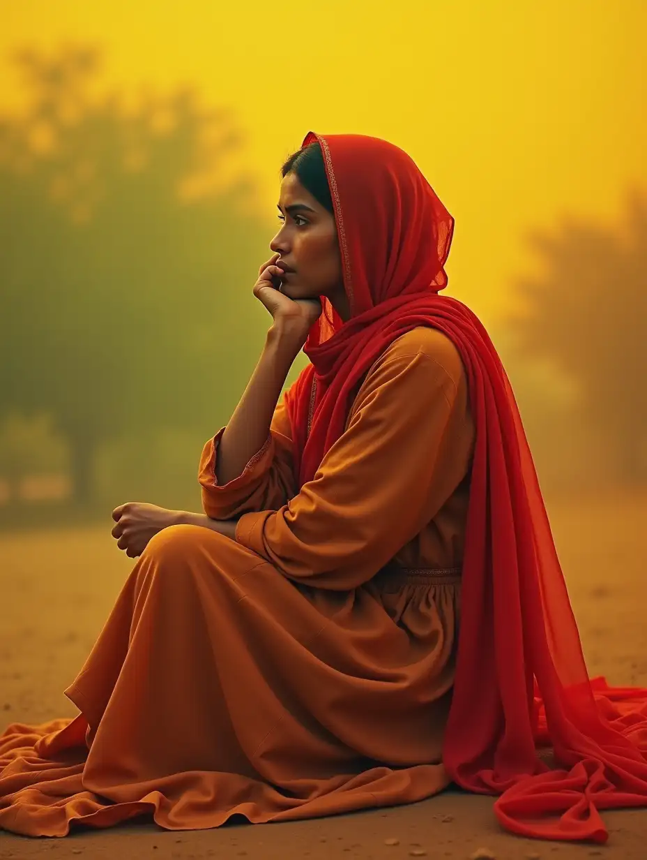 random absurd surrealist post-photography, a contemplative woman from Rajasthan India sitting in a reflective pose. She is draped in a flowing earthy-toned dress with a long red scarf or veil covering her head and cascading down her back. Her posture is thoughtful, with one hand supporting her chin while her legs are curled up against her. The background features abstract hues of yellow, green, and red, creating an emotional and dreamlike atmosphere. The warm colors around her and the soft lighting suggest an introspective, serene moment, possibly conveying themes of reflection, inner peace, or melancholy., style of Oleg Oprisco, double exposure, vibrant