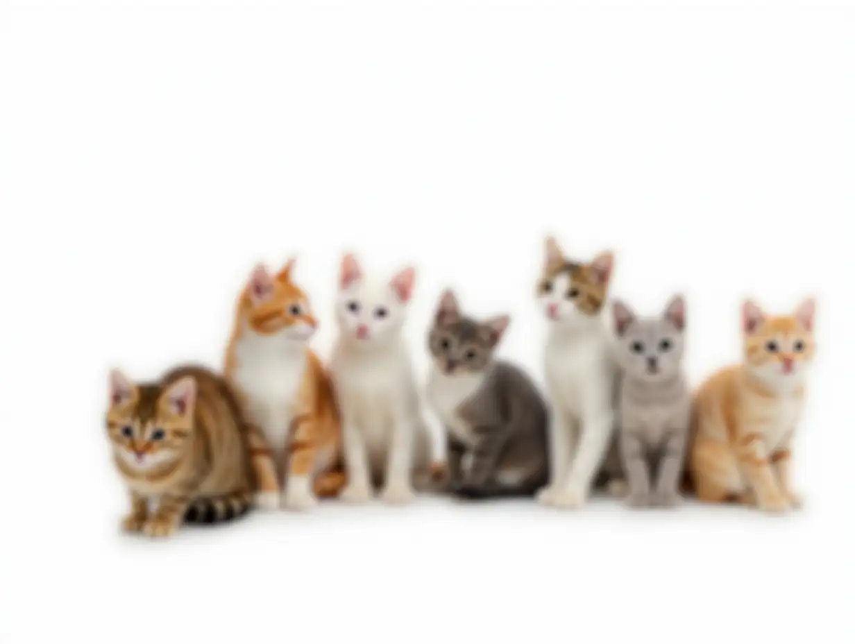 Seven-Cats-Sitting-in-a-Row-on-White-Background