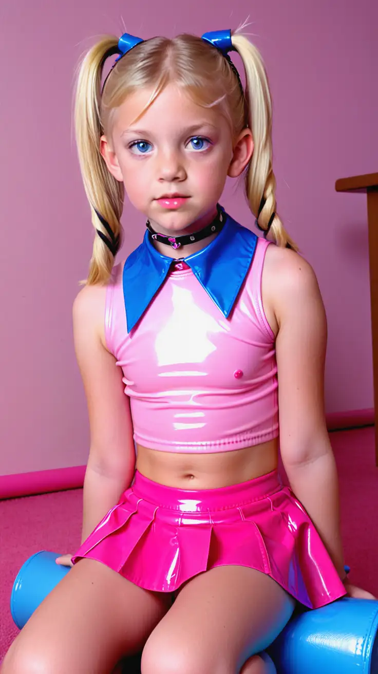 Blond-Preteen-Girl-in-Pink-PVC-Outfit-with-Pigtails-and-Blue-Eyes