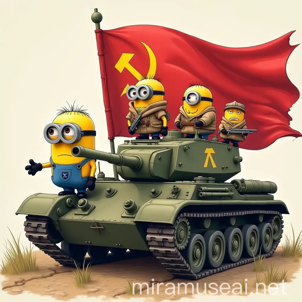 Minions Riding Tanks with Commanding Leader in Historical Context