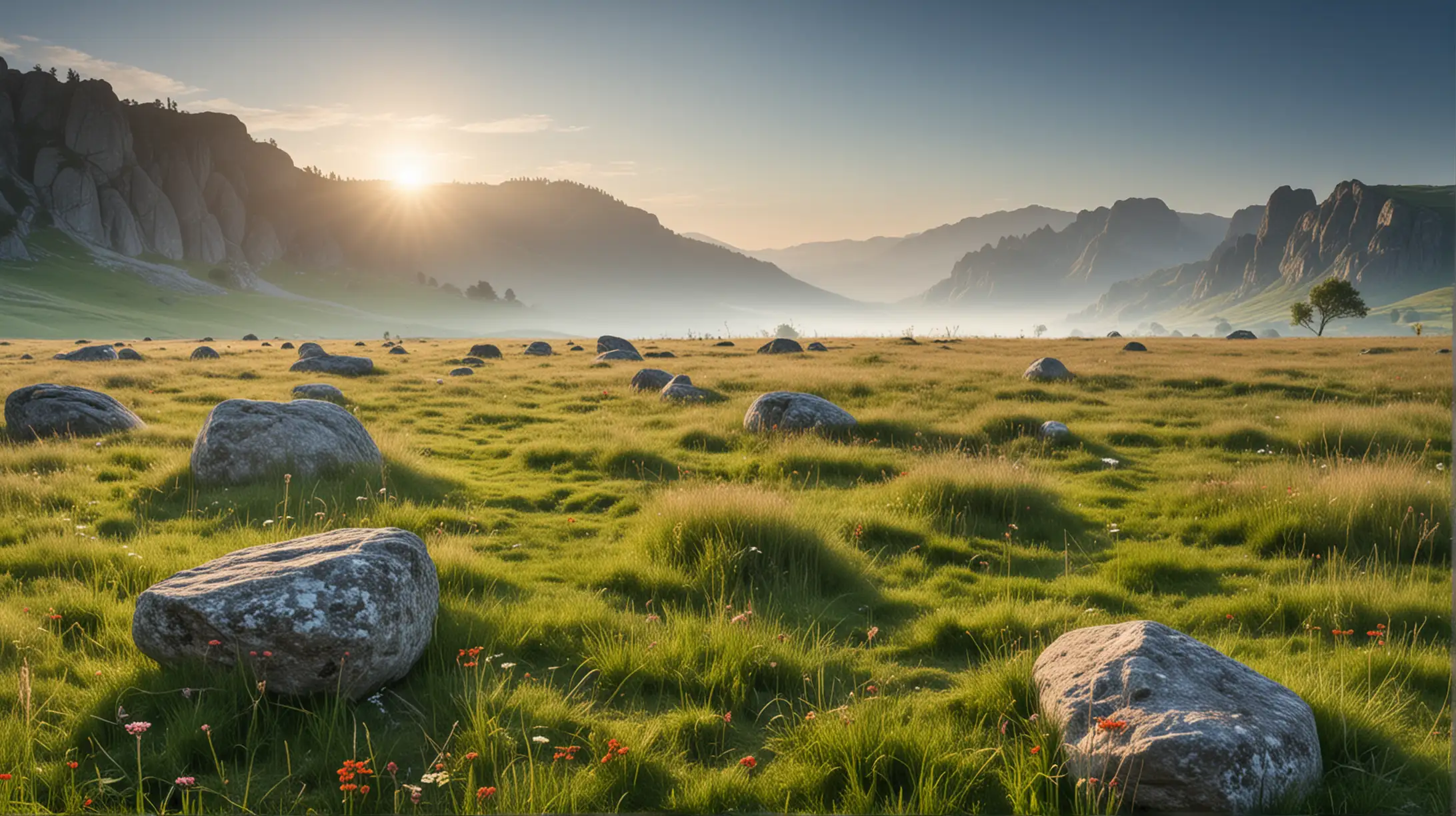 Tranquil Meadow Landscape with Rocky Outcrops under a Hazy Blue Sky