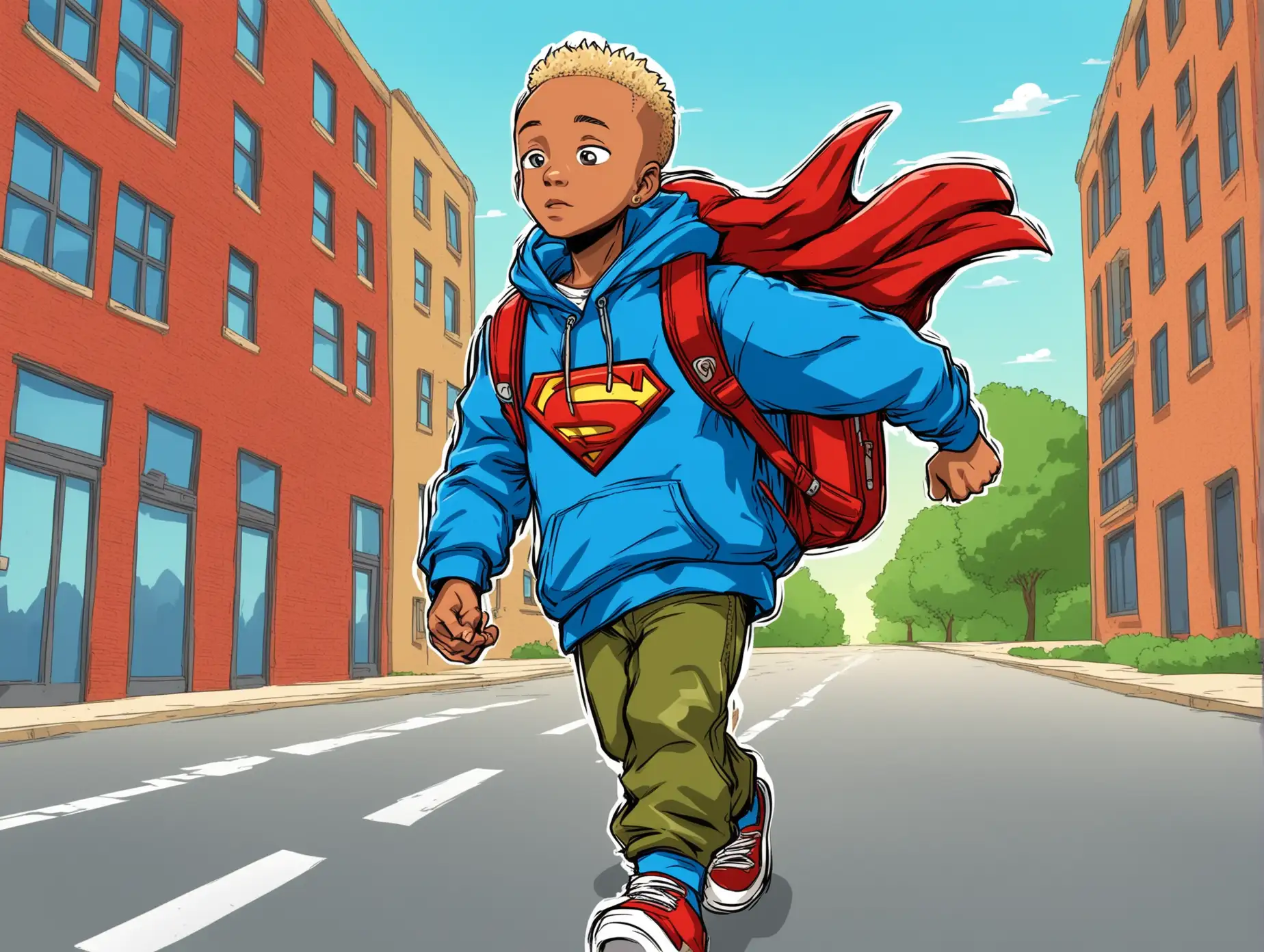 Cartoon Character Walking Briskly with Backpack and Superhero Hoodie