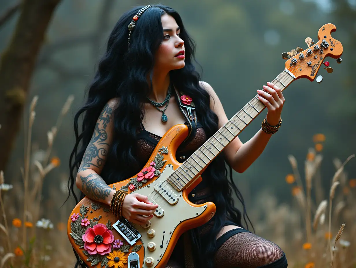 user_prompt: Hyperrealistic representation of a beautiful white woman with -tattoo, futuristic long black hair with orange braided hair and laced boots, holding in her hand an electric guitar decorated with intricately detailed, colorful and futuristic flowers. Blurred background, 120-mm shot