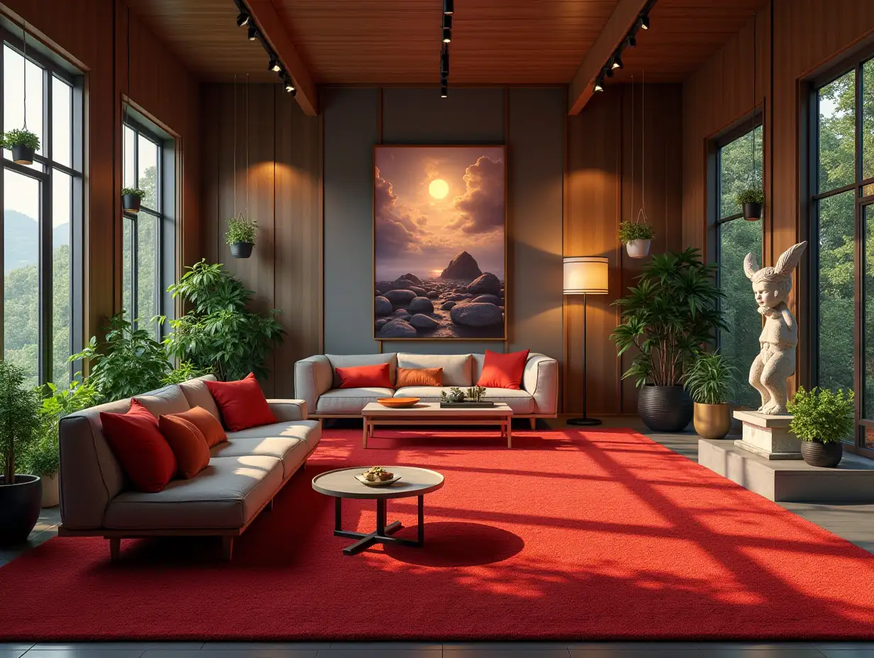 Large modern living room with red, carpet statue, lighting and furniture with many hanging plants, Attack on Titan image on the wall Zen-Garden with carefully tended rocks, a meditative 180 degree shot 8K resolution Vibrant Colors