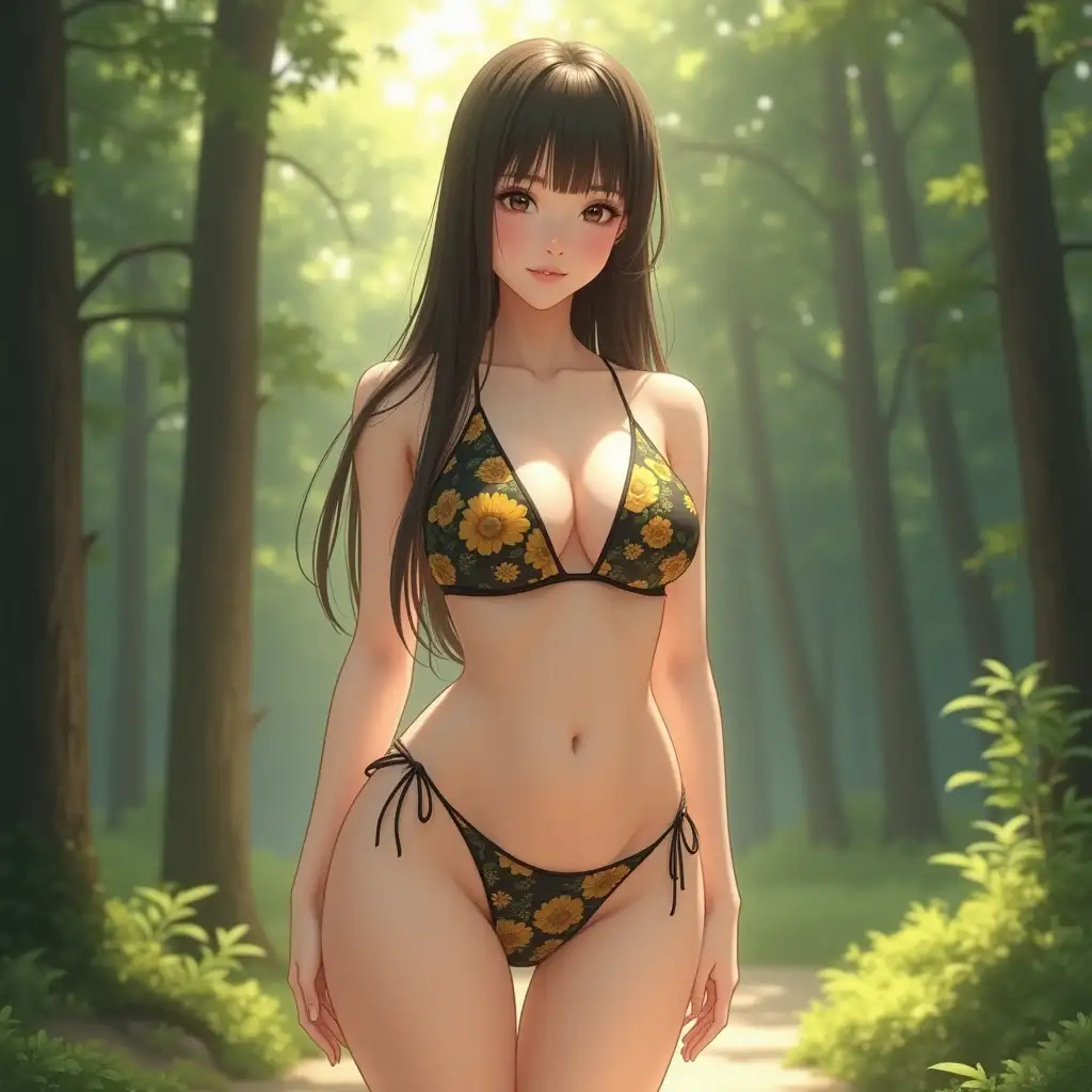 Japanese-Girl-in-Floral-Bikini-Posing-in-Forest-with-Sunlight