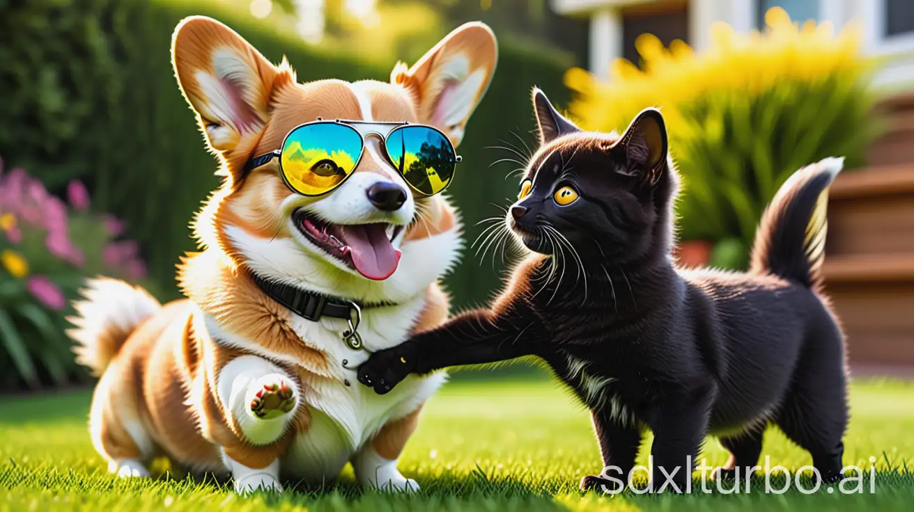 pembroke welsh corgi wearing aviator glasses and shaking hands with black kitten with bright yellow eyes, background using a beautiful lawn on a bright summer morning.