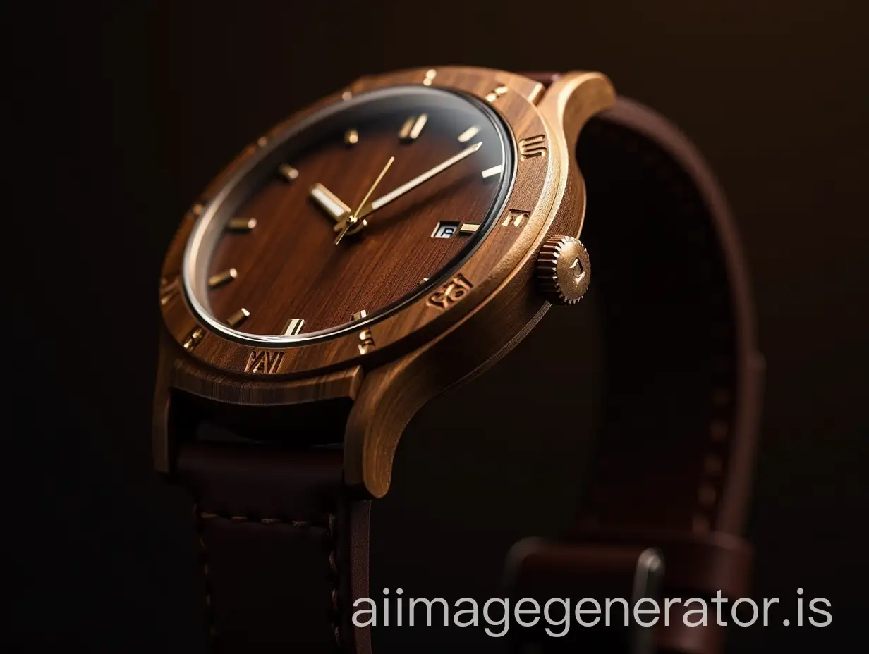 expensive watch, with a brown color and dark tones, similar to wood but of a precious metal like gold