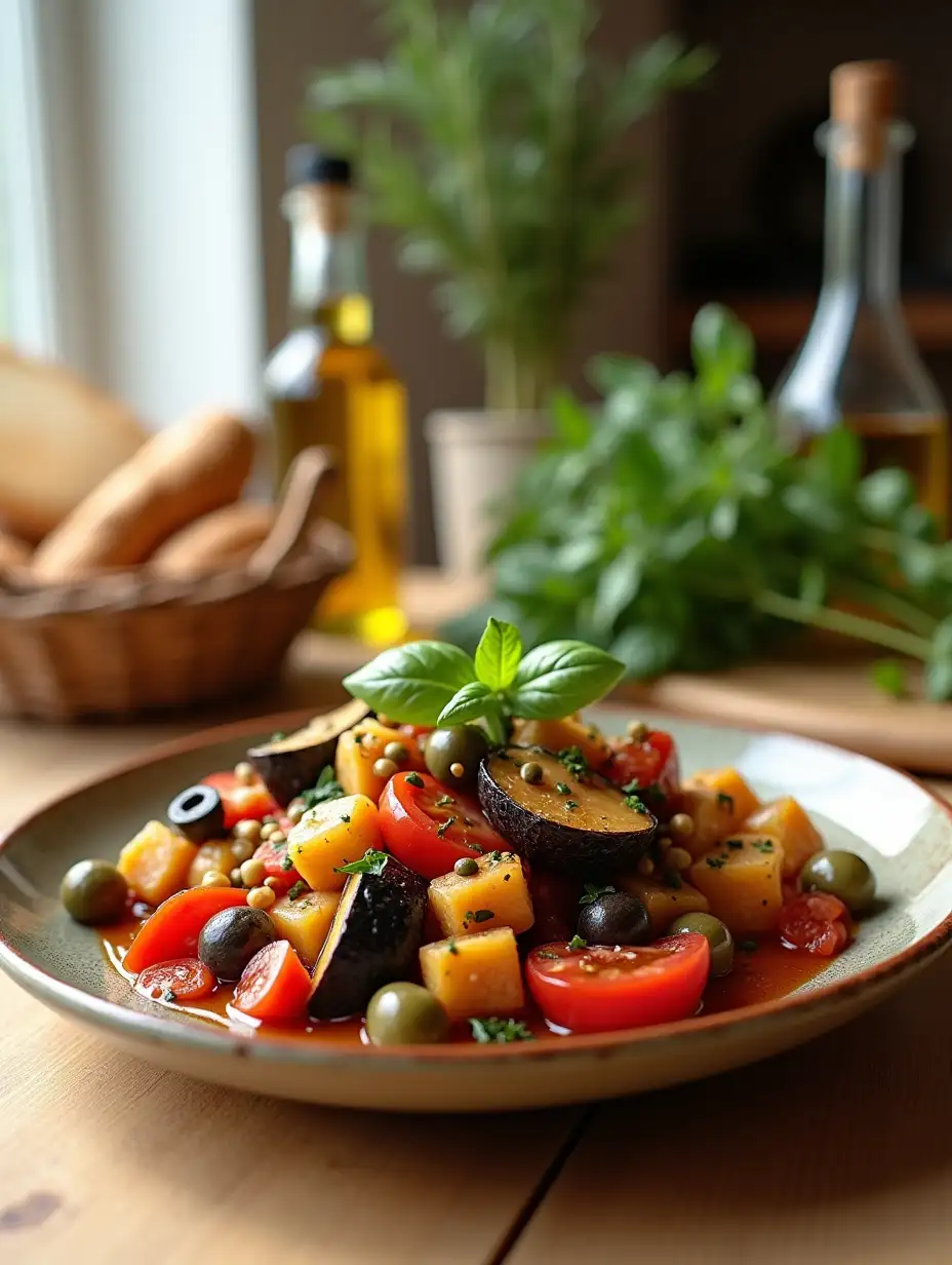 Sicilian-Caponata-on-Rustic-Ceramic-Plate-with-Mediterranean-Elements