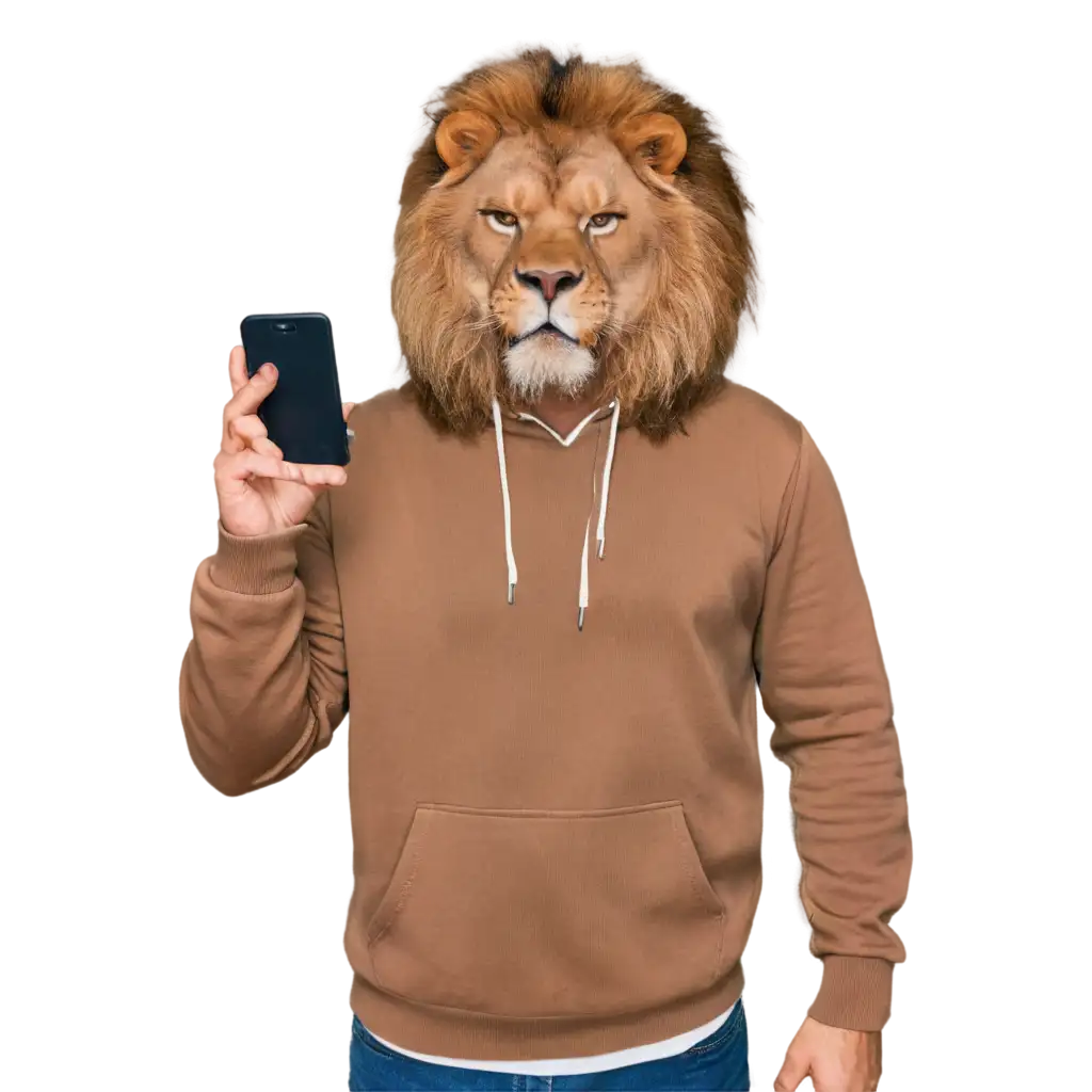 Man with lion head holding mobile phone