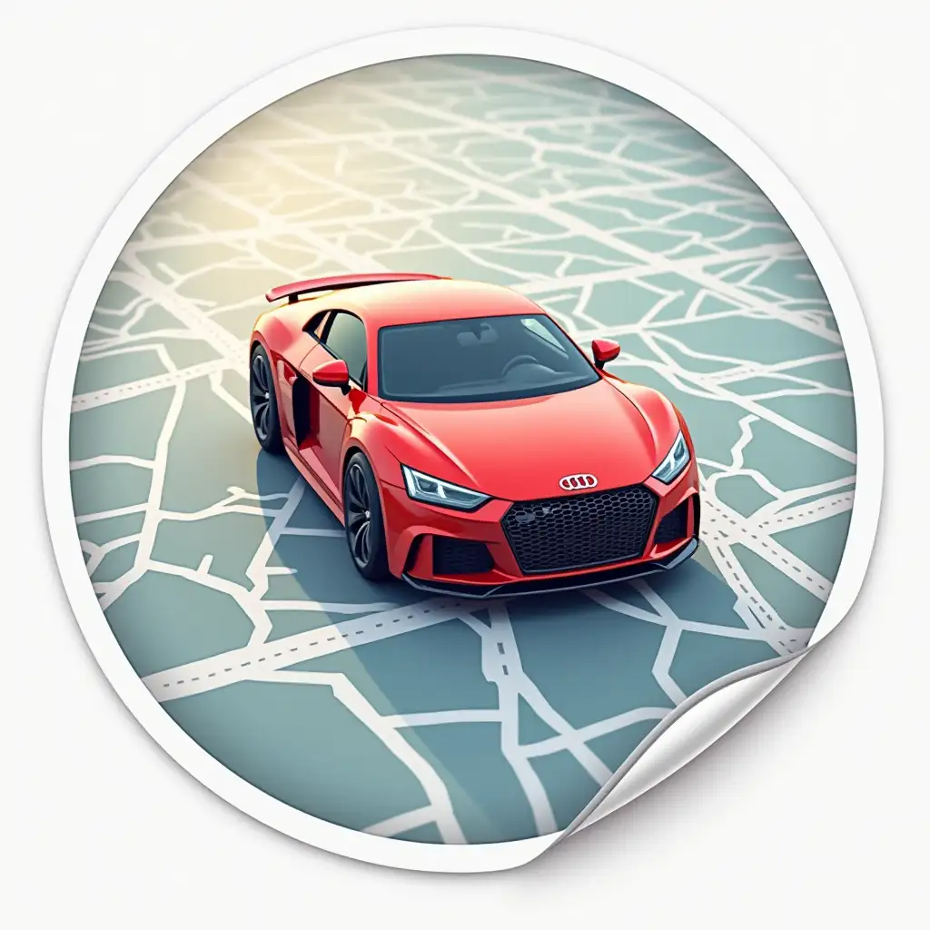 Create an avatar sticker in the form of a dot on the map inside which the lines of the car will be visible, the sticker should be bright, with a white outline and shadow from it, and the background of the image is transparent.