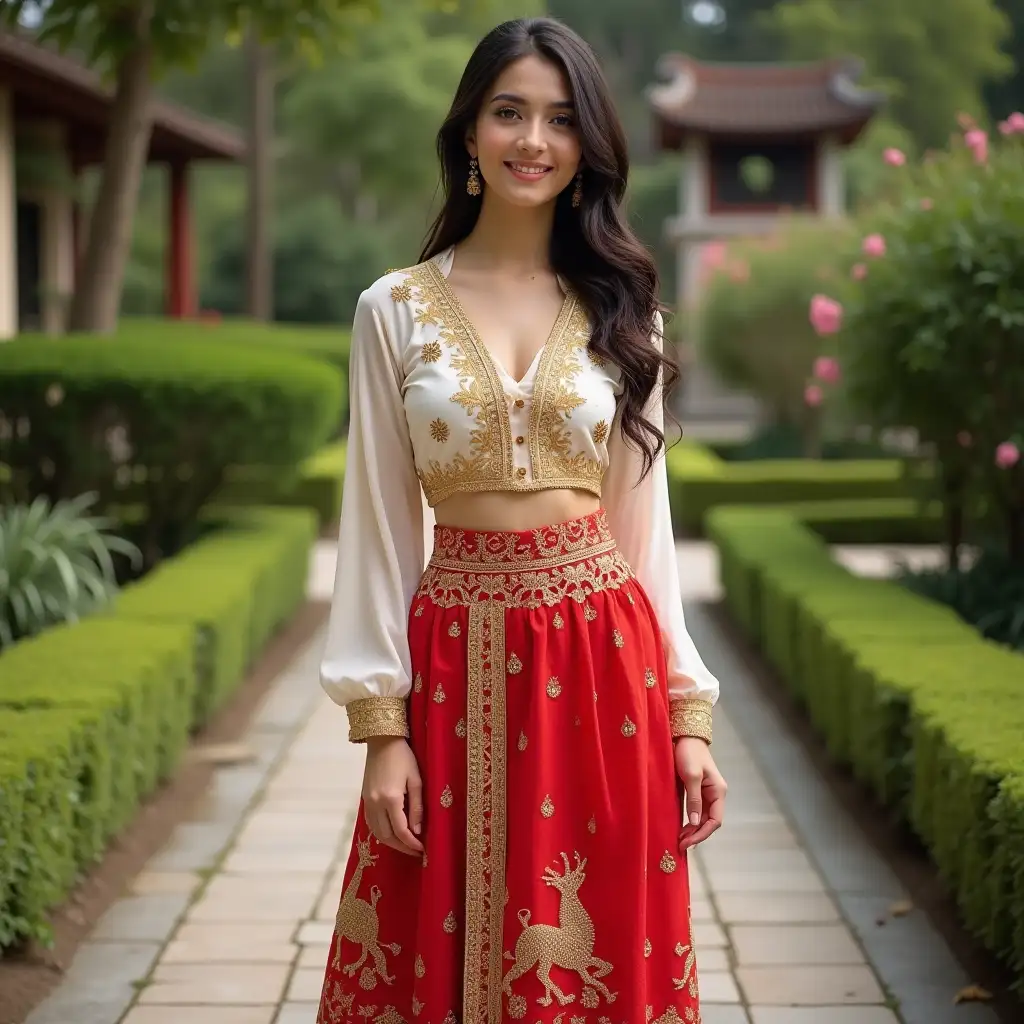 A beautiful woman stands gracefully in a traditional outfit, featuring a gold-embroidered blouse and a vibrant red skirt adorned with intricate patterns, standing in the garden