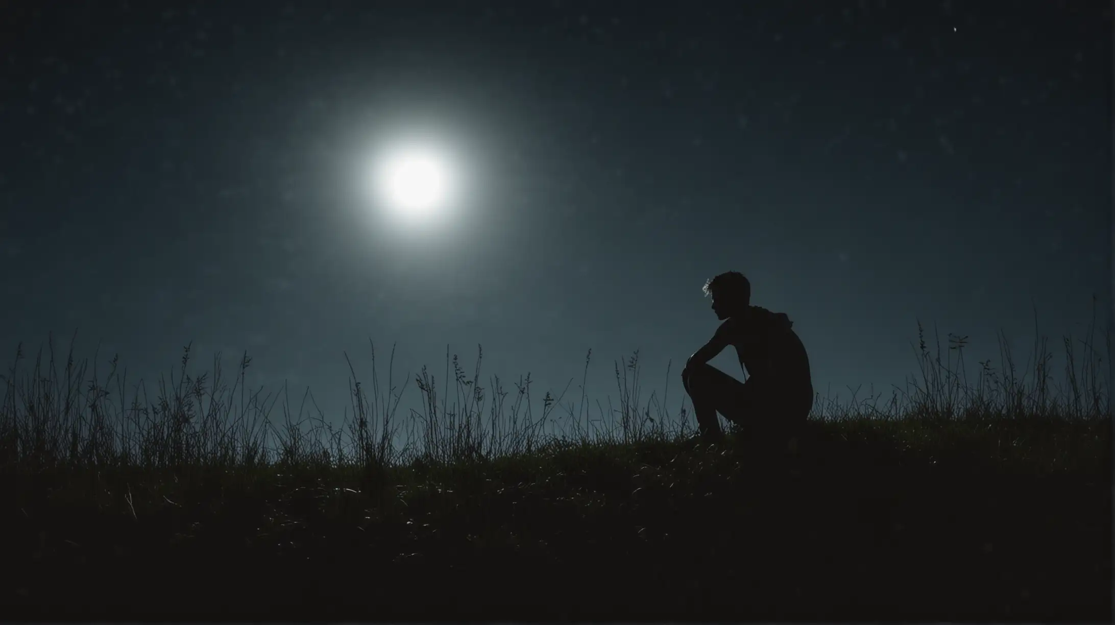 Solitary Man Silhouetted in Moonlit Despair on Grassy Hill