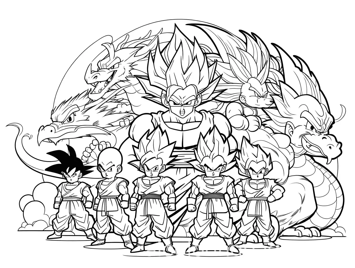 dragon ball characters, Coloring Page, black and white, line art, white background, Simplicity, Ample White Space. The background of the coloring page is plain white to make it easy for young children to color within the lines. The outlines of all the subjects are easy to distinguish, making it simple for kids to color without too much difficulty