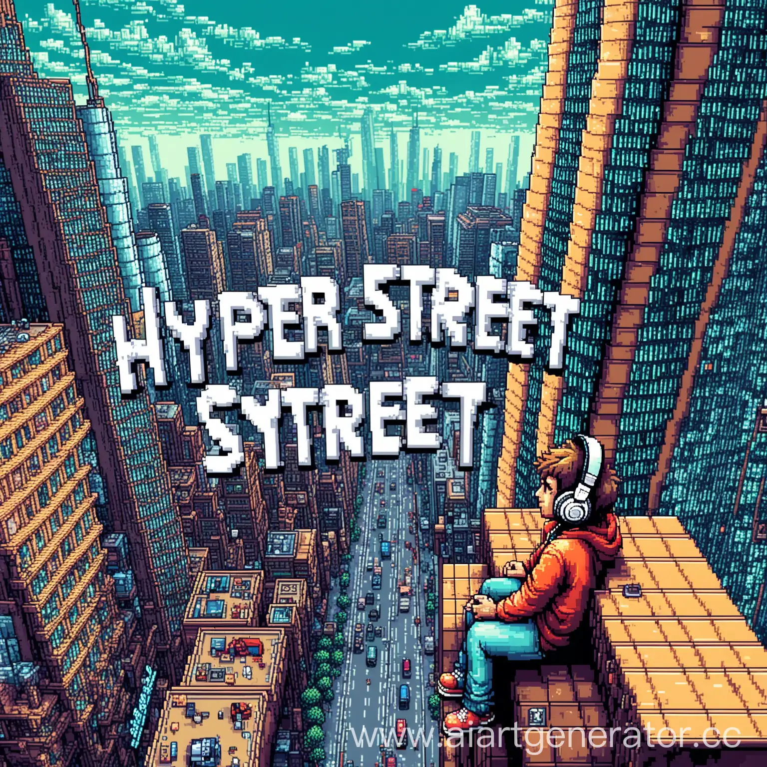 A guy with headphones is sitting on a skyscraper and looking down at a street with skyscrapers. Everything is in pixel style. This photo is the cover of the video. The inscription "Hyper Street" is painted on the photo