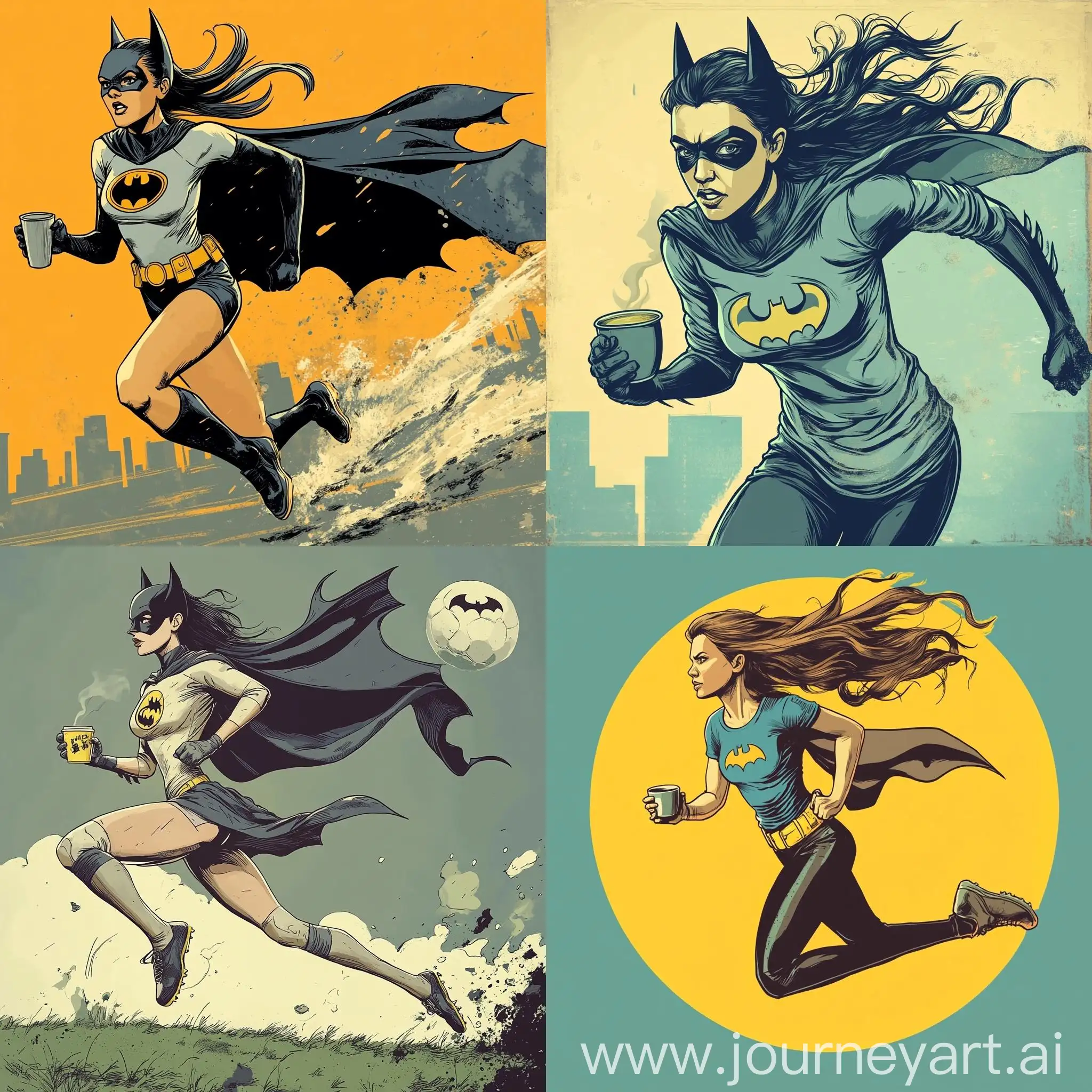 Dynamic-Woman-Running-with-Tea-Cup-in-Batman-Comic-Style