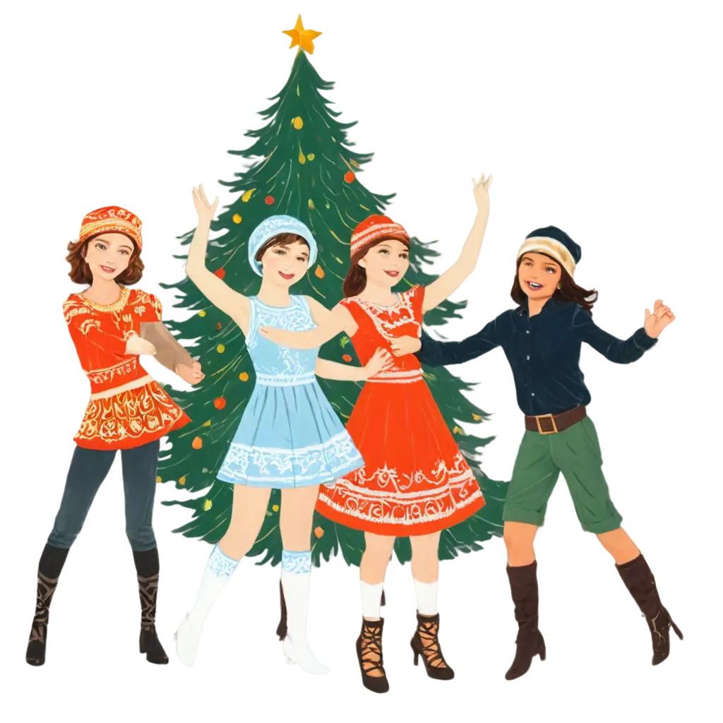 Festive-Cartoon-PNG-Image-of-Children-in-Russian-National-Costumes-Dancing-Around-a-Christmas-Tree