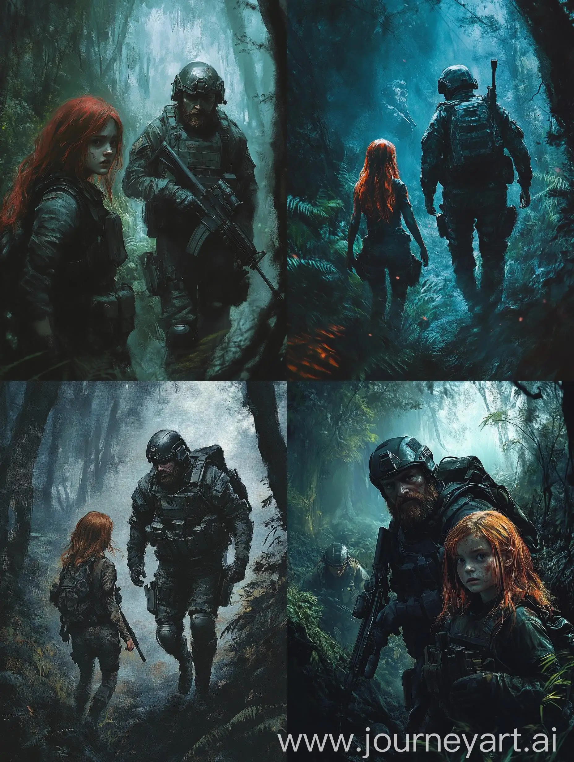 Frightened-Redheaded-Teenager-Girl-with-Soldier-in-Dark-Forest